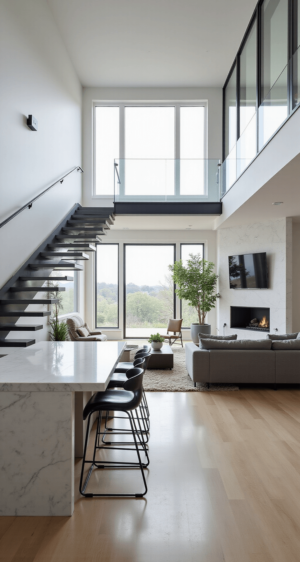 A spacious, modern open-concept living area featuring floor-to-ceiling windows, a floating staircase, a minimalist gray sectional, a sleek fireplace, and a white marble kitchen island, enhanced by soft afternoon light and potted plants.