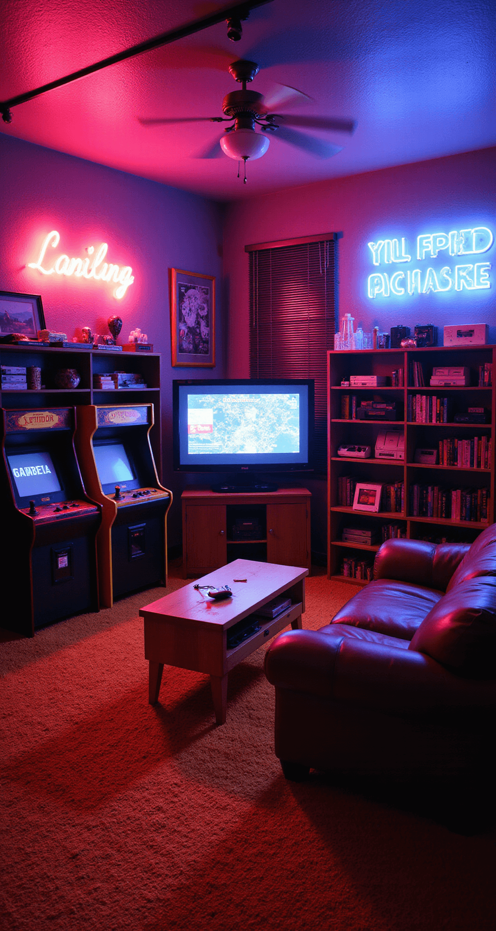 A vibrant retro-themed gaming room featuring arcade cabinets, a CRT TV with vintage consoles, neon signs, and a Pac-Man coffee table, all accented by dramatic lighting and an orange shag carpet.