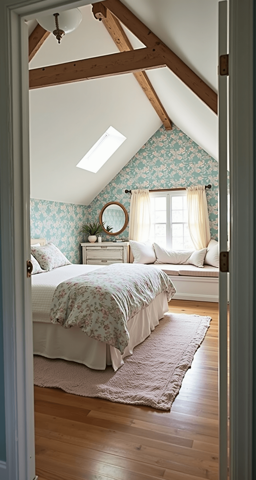 A cozy cottage-style bedroom with a queen-sized bed, floral linens, dormer windows, exposed wooden beams, vintage floral wallpaper, and a distressed white dresser under a round gold-framed mirror, illuminated by warm morning light filtered through lace curtains.