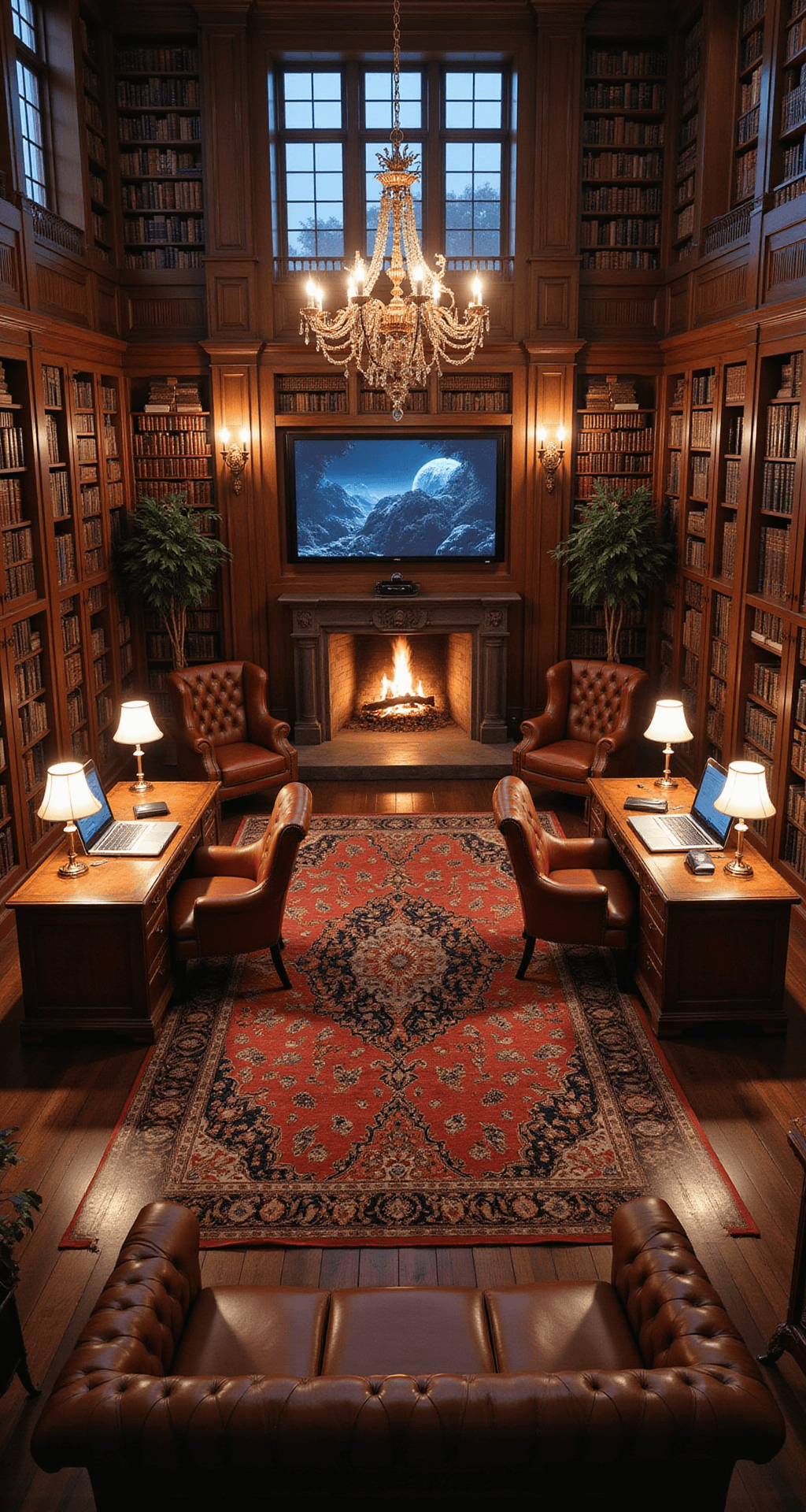 An elegant gaming library featuring floor-to-ceiling bookshelves, a grand fireplace, and high-end gaming rigs disguised as antique desks, all elegantly lit by soft lamplight and a grand chandelier, with rich jewel-toned rugs and leather seating creating a warm, inviting ambiance.