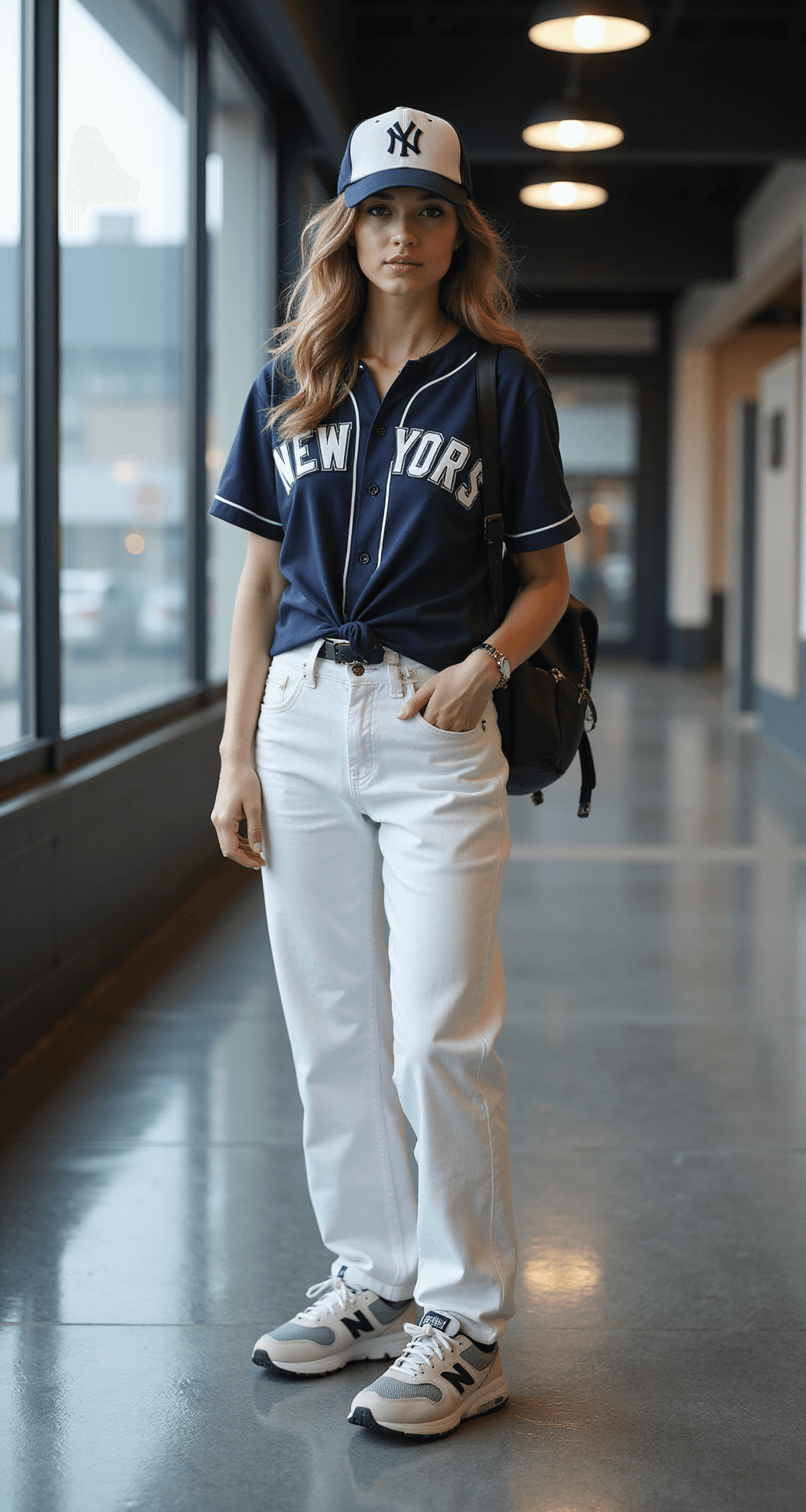 GAME DAY STYLE: THE ULTIMATE YANKEES OUTFIT FOR 2024 A model in a vintage Yankees jersey tied at the waist over high-waisted jeans stands in a softly lit stadium concourse, wearing chunky New Balance sneakers and a mini navy and white backpack, with her hair in waves underneath a Yankees cap. The eye-level shot captures outfit details against the iconic stadium backdrop with shallow depth of field.
