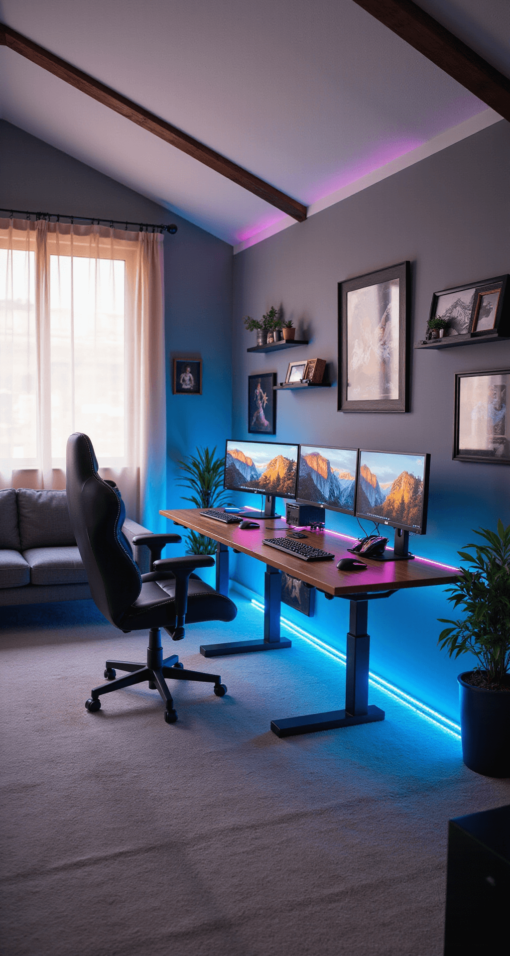 A spacious 15x20 ft room with vaulted ceilings, featuring two L-shaped desks with dual monitors and RGB peripherals, ergonomic gaming chairs, framed game art on the walls, a charcoal gray loveseat, and neon blue and pink LED strips, all illuminated by warm afternoon light.