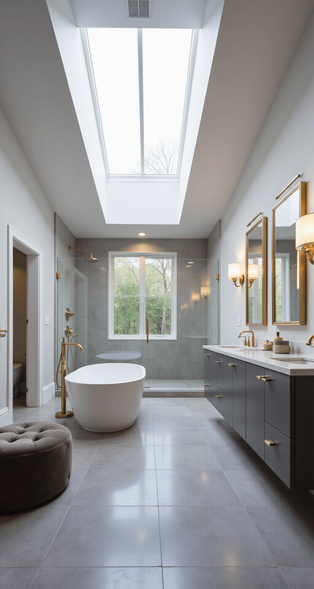 A luxurious master bathroom in a modern home featuring a freestanding oval bathtub under a skylight, double vanities with floating cabinets and backlit mirrors, a walk-in shower with rainfall showerhead, gray tiled floors and walls, a heated towel rack, and a velvet ottoman, all in a cool gray and white color scheme with brass accents, viewed from a high corner angle.