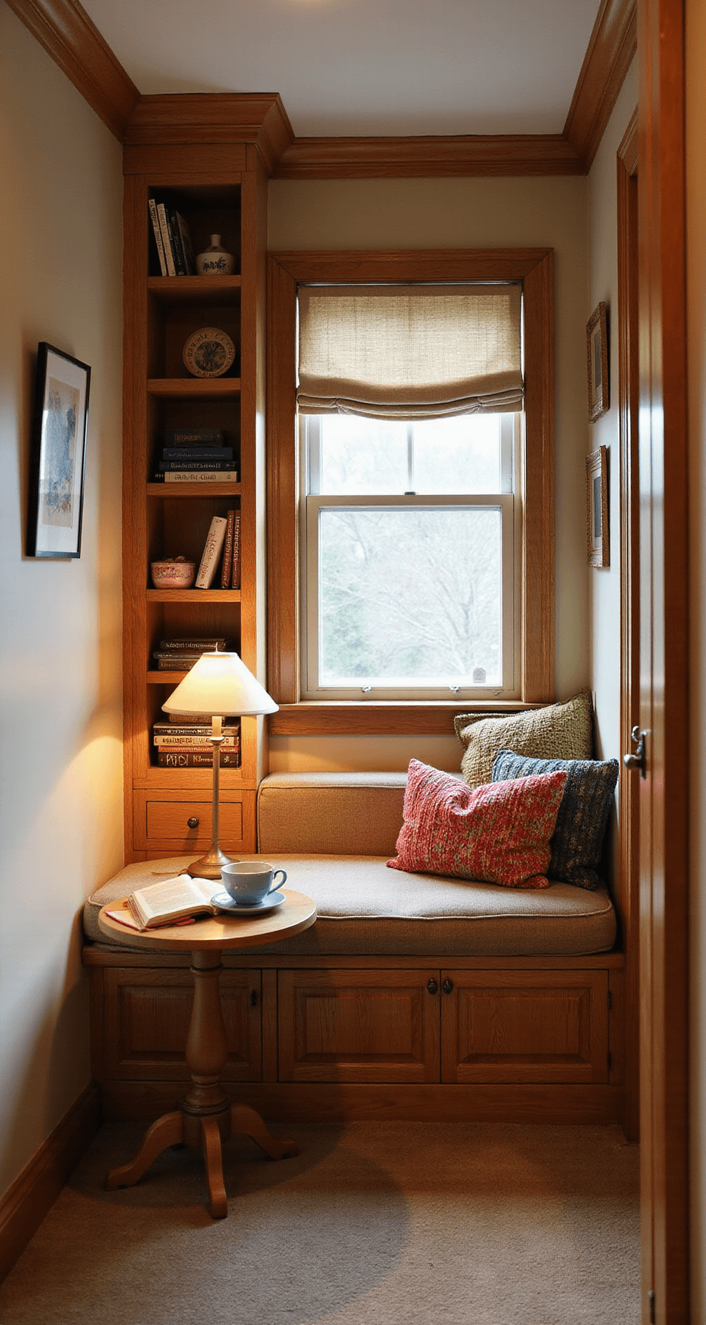 A cozy reading nook in a two-story home, featuring a built-in bench with storage, wooden bookshelves, colorful pillows, and a side table with a lamp and mug of tea, all bathed in warm light and natural tones.
