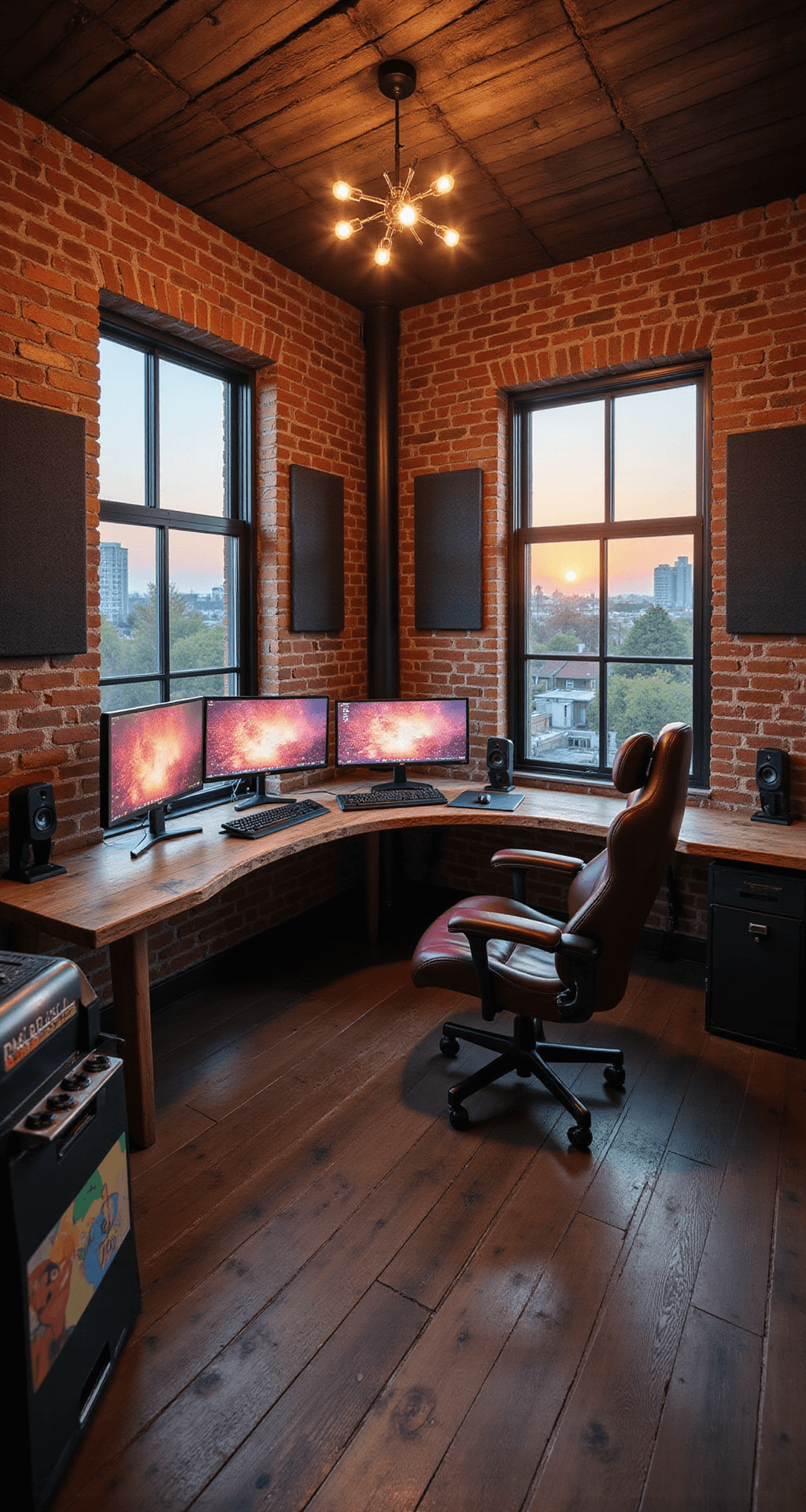An intimate 12x12 ft room featuring exposed brick walls, a custom U-shaped reclaimed wood desk with ultrawide monitors, deep burgundy leather gaming chairs, a modern chandelier, soundproofing panels, and a vintage arcade cabinet, all illuminated by sunset light.
