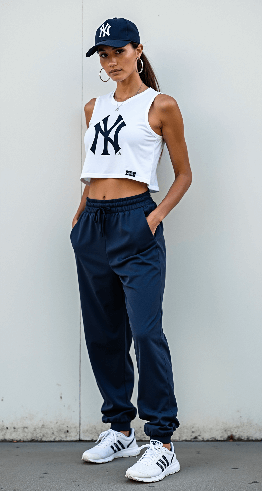 GAME DAY STYLE: THE ULTIMATE YANKEES OUTFIT FOR 2024 Model in a modern Yankees cropped tank and high-waisted navy track pants, showcasing athleisure style against a white stadium wall, with a sleek ponytail, white pinstripe running shoes, and silver hoop earrings, captured in even lighting.