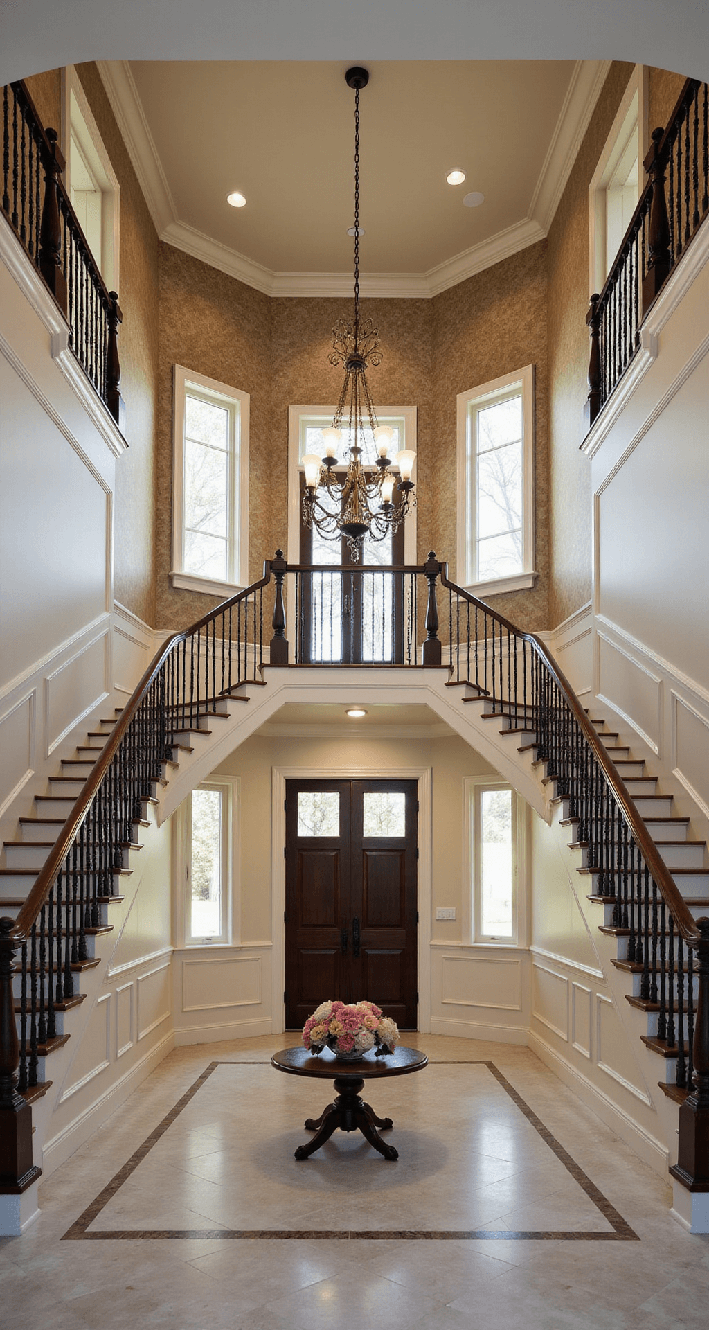 A grand two-story entryway features an elegant curved staircase with dark wood treads and white risers, a large chandelier hanging from a high ceiling, cream wainscoting, bold textured wallpaper, and a round table with a floral arrangement, all highlighted by dramatic lighting and polished marble floors in a herringbone pattern.