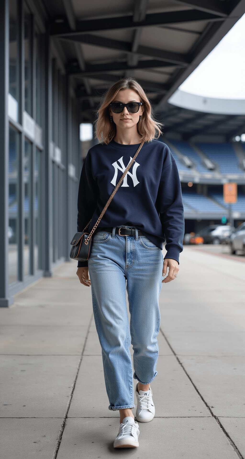GAME DAY STYLE: THE ULTIMATE YANKEES OUTFIT FOR 2024 A dynamic walking shot of a person wearing an oversized Yankees crewneck sweatshirt, light wash mom jeans, and retro sneakers, with a crossbody bag and sunglasses, striking a stylish pose outside a stadium. The composition features architectural leading lines and natural lighting, enhancing the street style aesthetic.