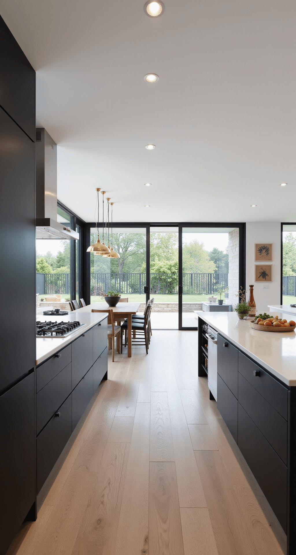 A modern open-plan kitchen and dining area featuring matte black handleless cabinets, white quartz countertops, a large waterfall island, high-end stainless steel appliances, a wooden dining table with mixed chairs, pendant lighting, and sliding glass doors leading to a patio, all highlighted by natural light and elegant wood tones.