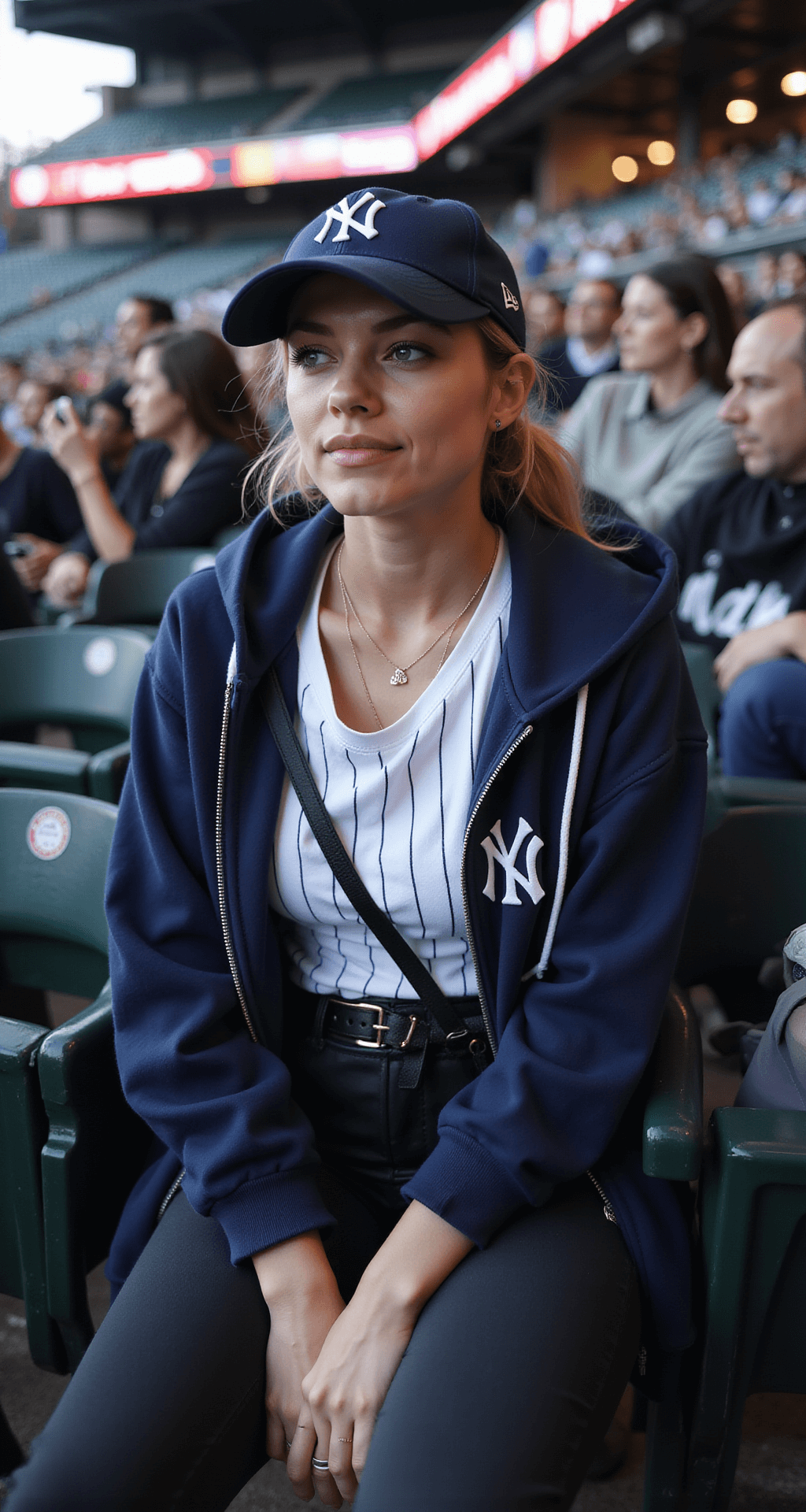 GAME DAY STYLE: THE ULTIMATE YANKEES OUTFIT FOR 2024 A close-up shot of a young woman in stadium seats, wearing a fitted Yankees tee under an unzipped navy hoodie, black leggings, and white sneakers. She has a Yankees cap worn backwards, minimal jewelry, and a small crossbody bag in her lap, with early evening stadium lights beginning to illuminate the scene.
