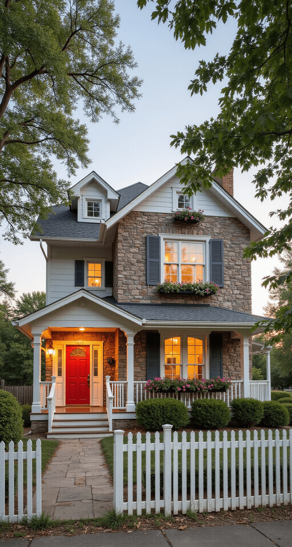 A charming two-story cottage-style home with a stone lower level and white wood siding above, featuring a wraparound porch, dormer windows, and colorful flower window boxes, surrounded by a lush garden and framed by mature trees in golden hour lighting.