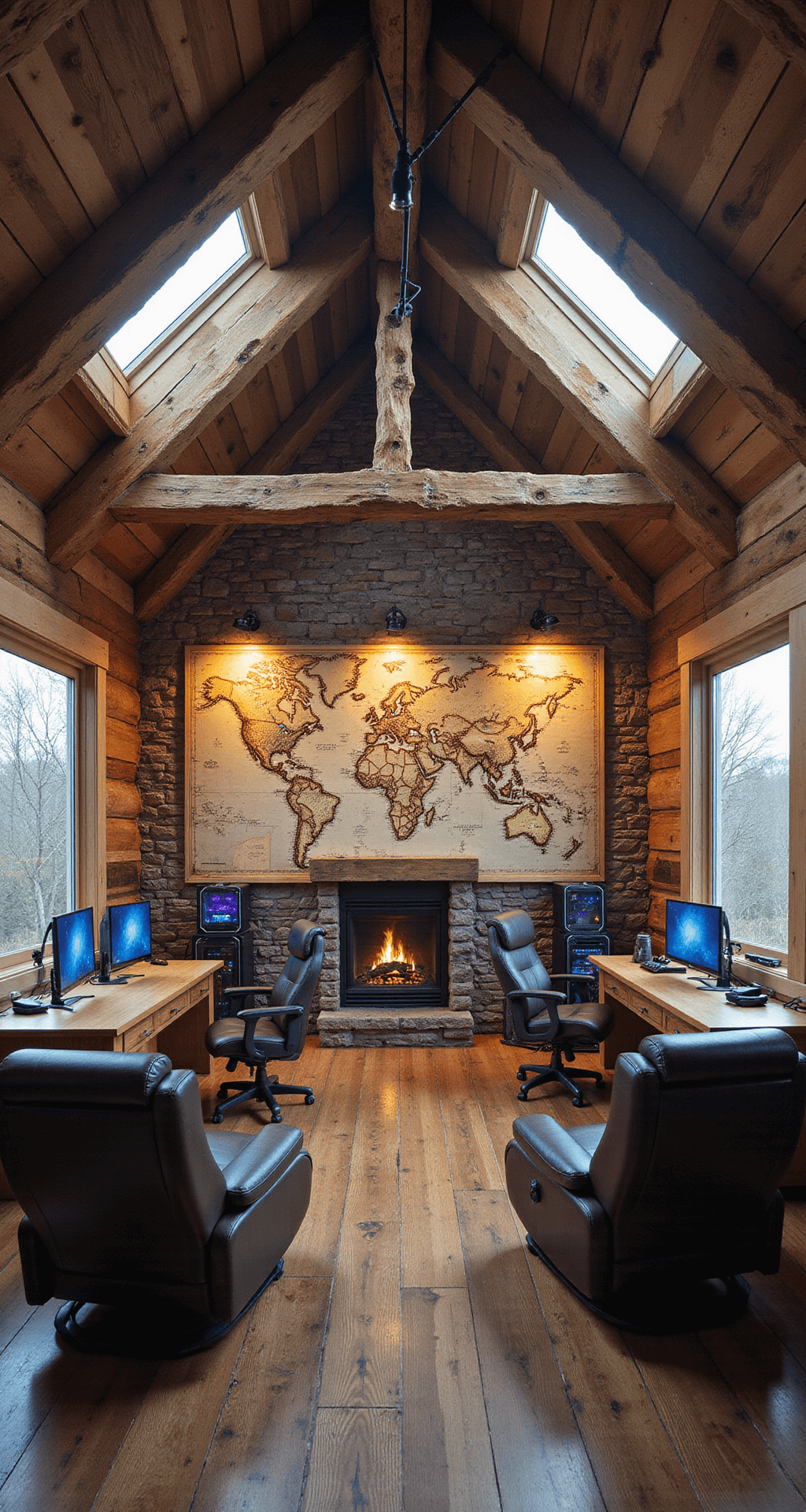 A spacious 16x18 ft gaming room featuring rustic wood beams and stone walls, illuminated by skylights, with two gaming areas separated by a central fireplace, custom desks with LED lighting, high-performance gaming rigs, leather recliners, an adjustable monitor arm, and a vintage map adorned with pins, all enhanced by warm track lighting.