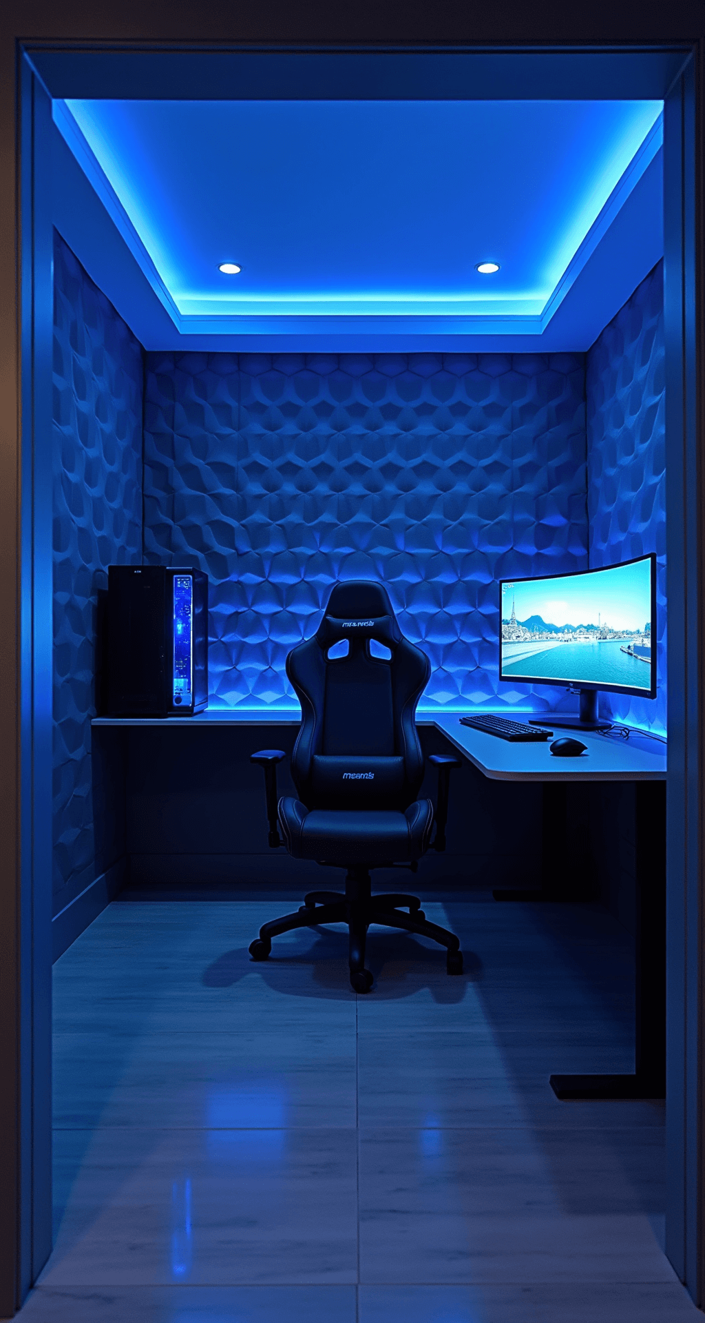 A luxury gaming room featuring soft blue LED lighting, a sleek black gaming PC, a curved 32-inch monitor, matte gray hexagonal acoustic panels, an ergonomic gaming chair, an adjustable standing desk, and a custom coffer ceiling with recessed spotlights, captured from a low angle near the doorway.