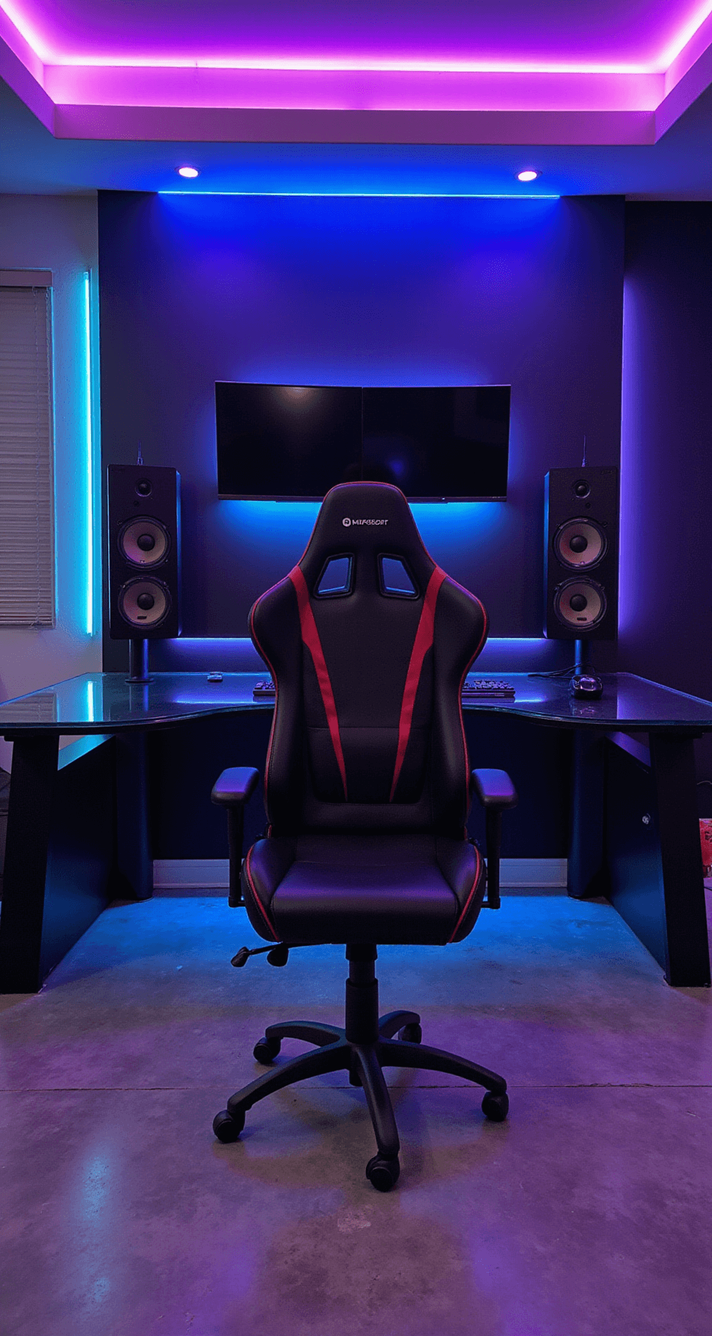 Modern gaming command center featuring a floating ultrawide curved monitor with two vertical screens, illuminated by purple and blue RGB LED strips against a matte black wall, with a matte black gaming chair and ergonomic glass-top desk, complemented by ambient lighting reflecting on polished concrete floors and a glowing mechanical keyboard in the foreground.