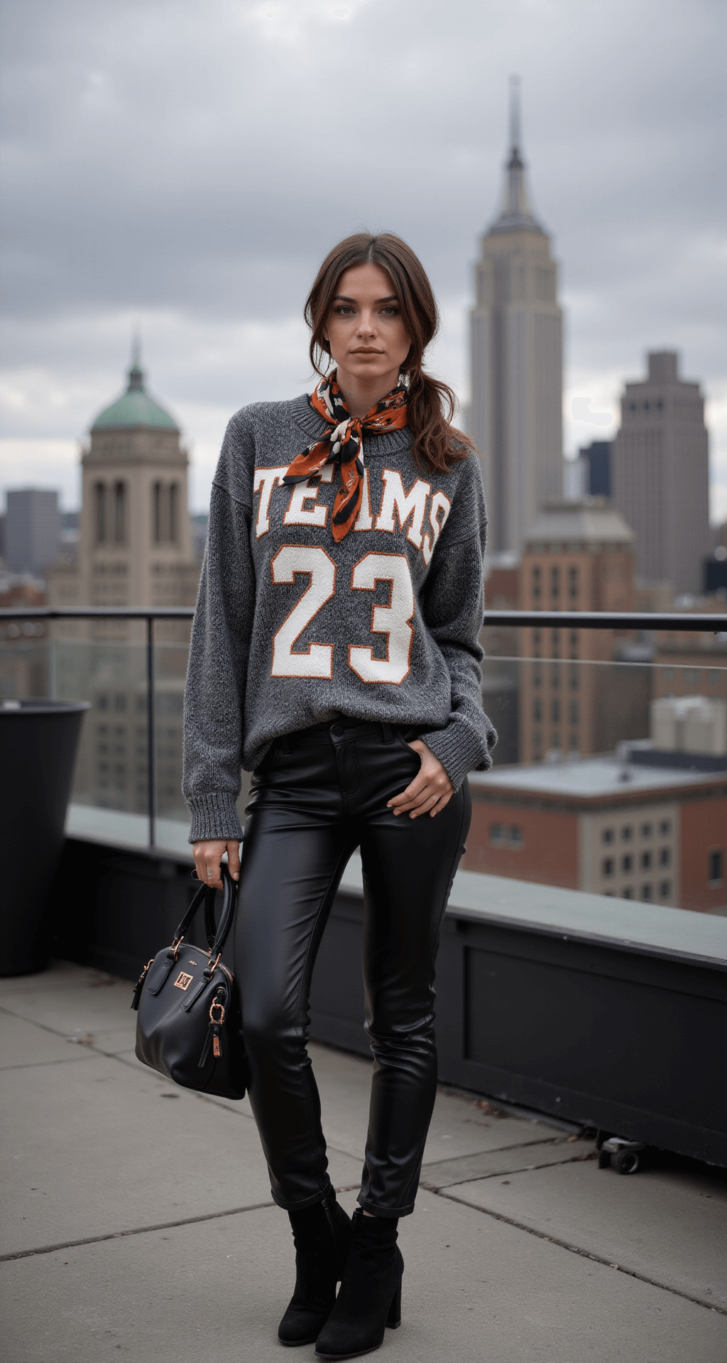 The Ultimate Game Day Outfit A female model in a luxe oversized team sweater, leather pants, and ankle boots, accessorized with a structured handbag and a team-colored silk scarf in her sleek low ponytail, poses at a stylish rooftop bar with a dramatic city skyline and cloudy sky in the background.