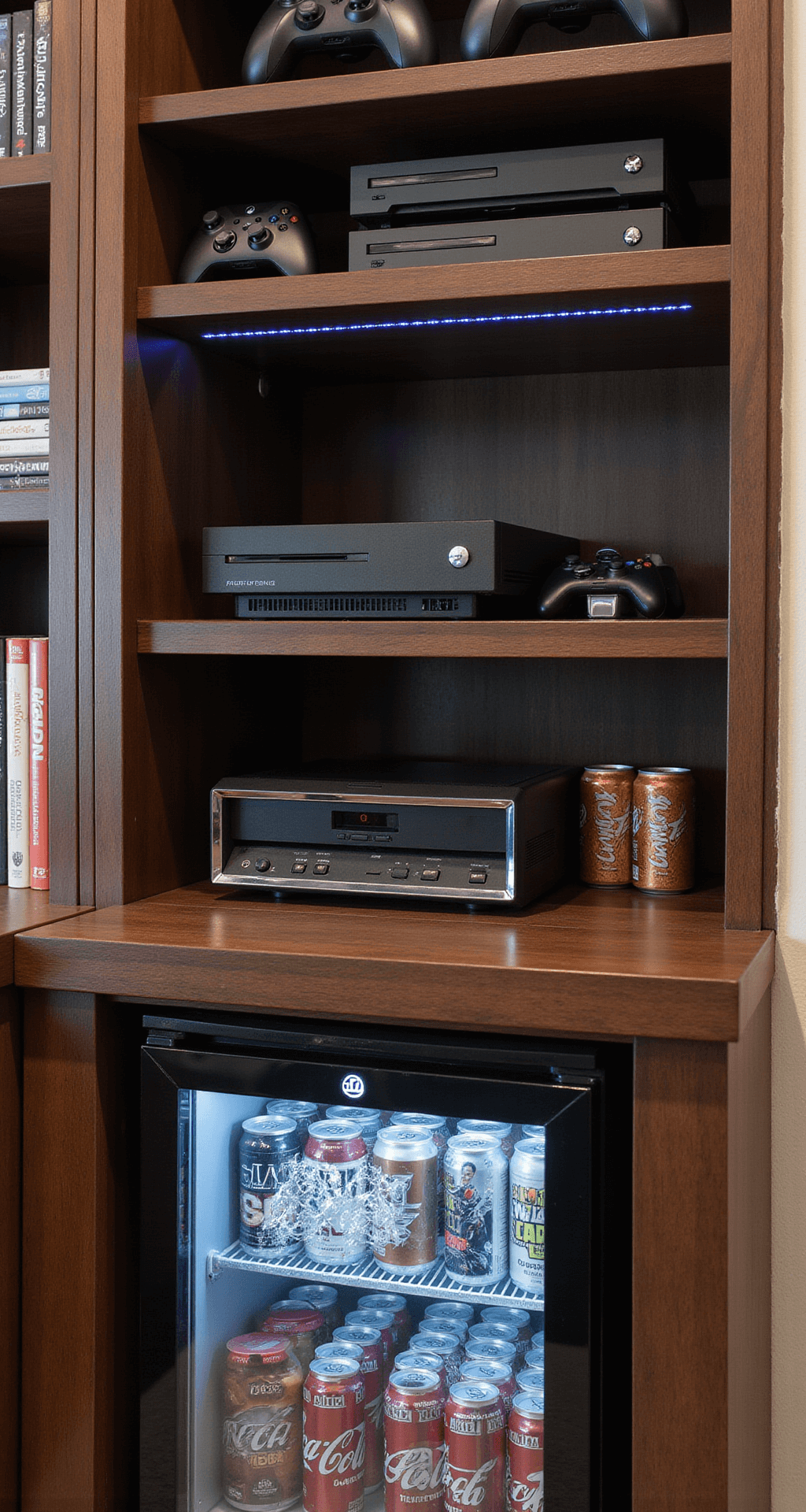 Close-up view of a dark walnut custom-built console unit displaying gaming consoles and controllers on a central shelf, illuminated by LED accent lighting, with a mini-fridge at the bottom containing energy drinks. Depth of field blurs the edges, emphasizing the organized arrangement.