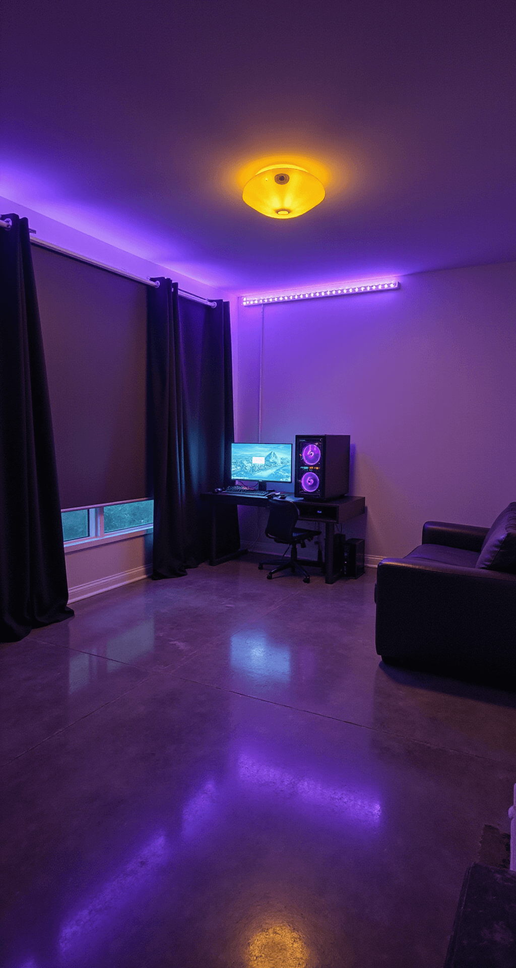 Wide-angle shot of a gaming room at dusk featuring customizable LED strips glowing purple, a PC setup with RGB lighting reflecting on polished concrete, a blackout-curtained window, and a Pac-Man ceiling light illuminating a cozy lounge area.