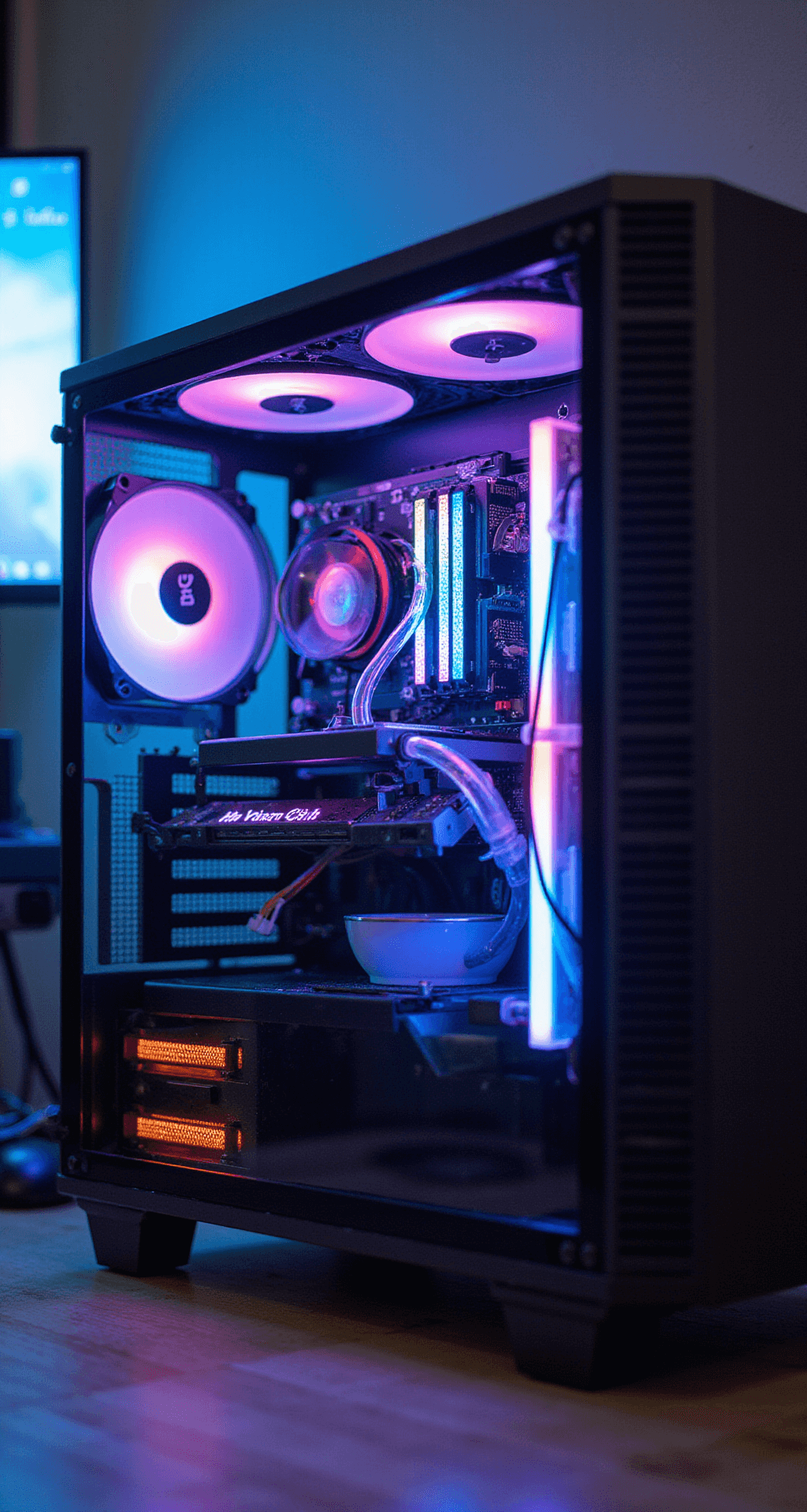Close-up of a high-end gaming PC with a transparent case showcasing RGB-lit components and intricate liquid cooling tubes, set on a custom platform with hidden ventilation, against a softly blurred background of high-tech peripherals.