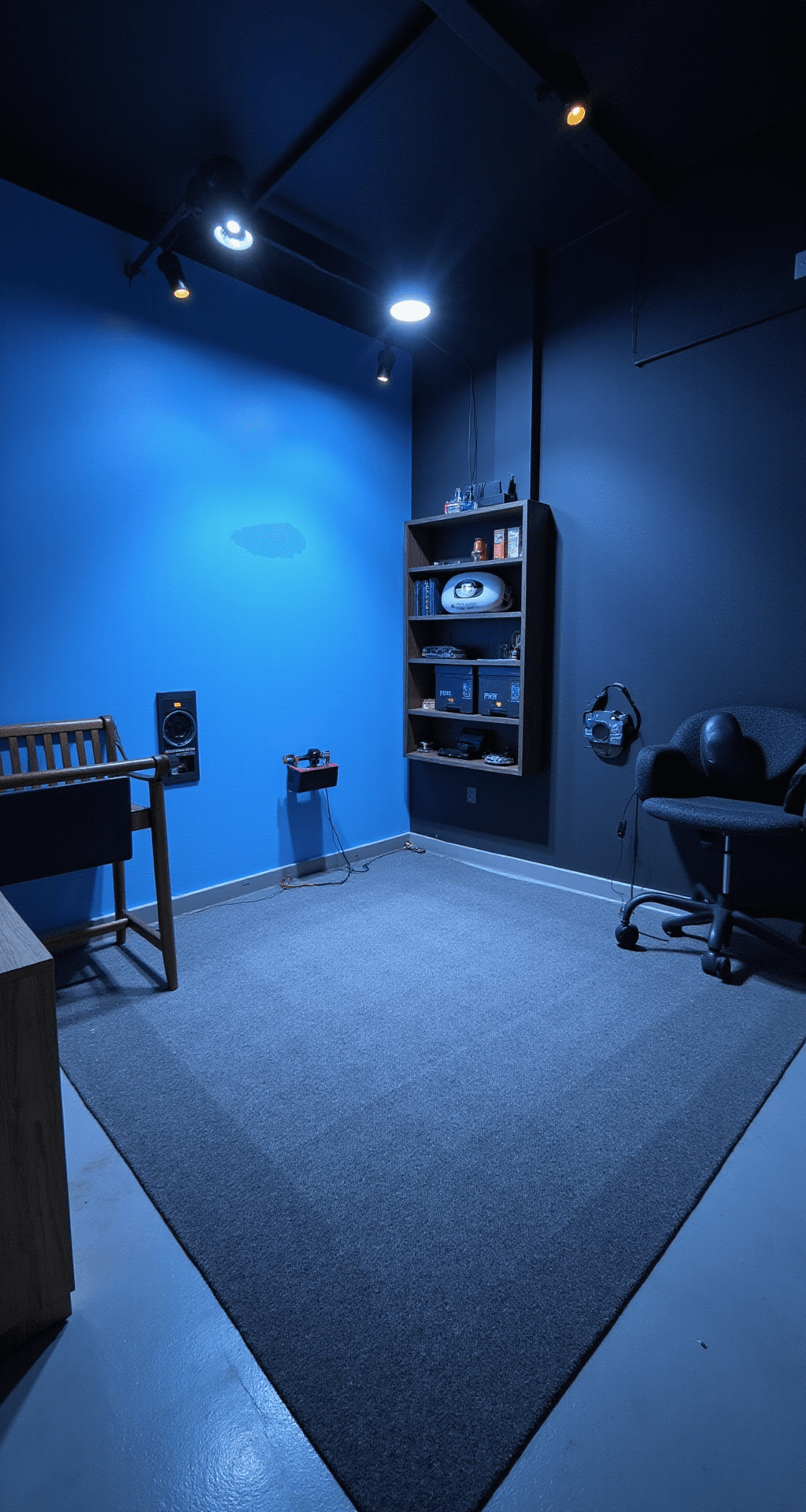 Panoramic view of a spacious VR play area with padded flooring, corner-mounted sensors, a wall-mounted storage system for headsets and controllers, and indirect lighting for a futuristic ambiance, captured from a high angle.