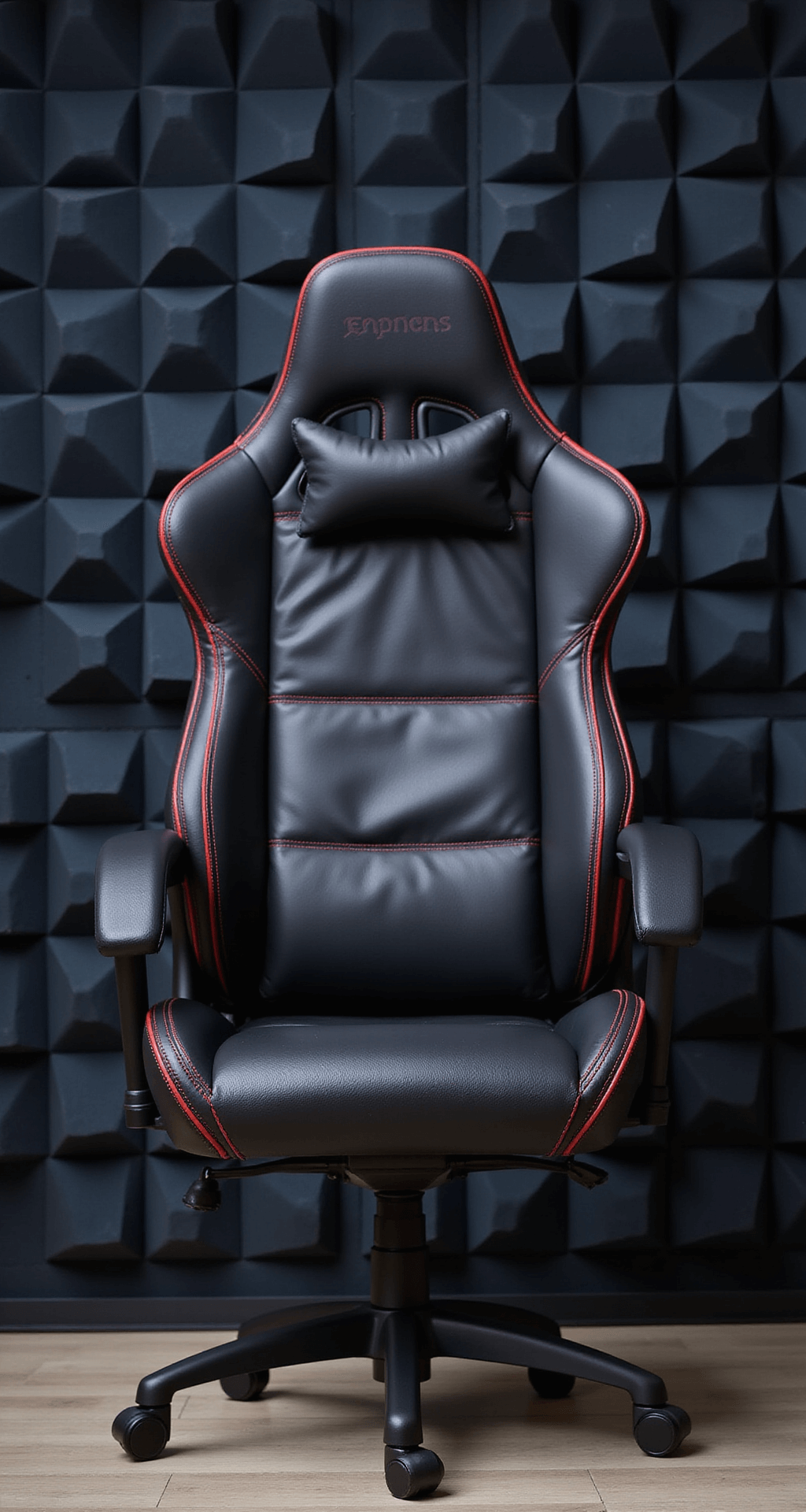 Close-up of a black leather ergonomic gaming chair with red accent stitching, featuring adjustable armrests and lumbar support, against a backdrop of hexagonal acoustic panels in charcoal and navy, highlighted by studio lighting.