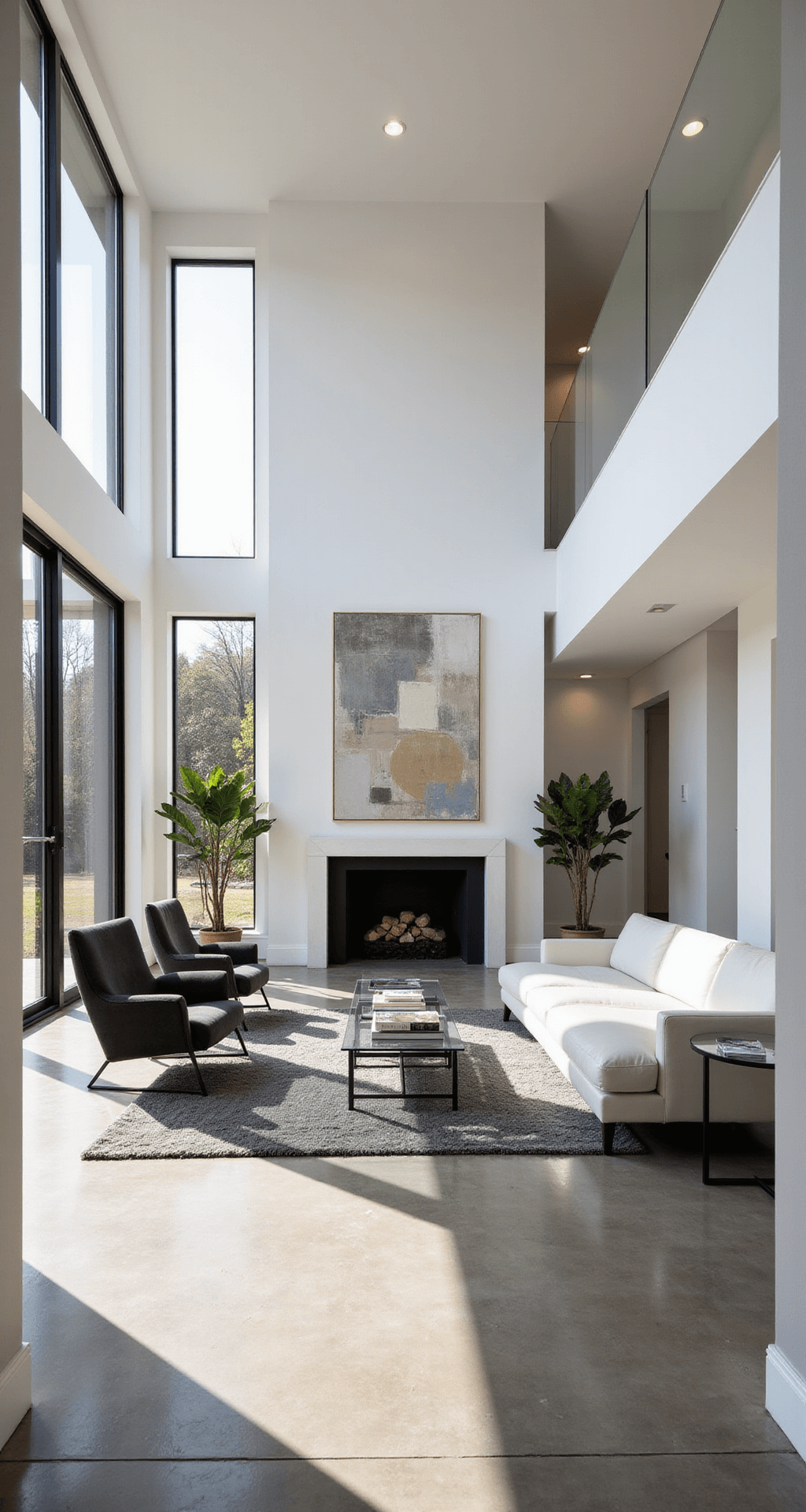 Modern Bloxburg mansion living room with floor-to-ceiling windows, white leather sectional, minimalist fireplace, and abstract art. Polished concrete floors with a gray rug, charcoal velvet chairs, glass coffee table with art books, and potted fiddle leaf figs. Bright, airy space with a white, gray, and earth tone color palette.