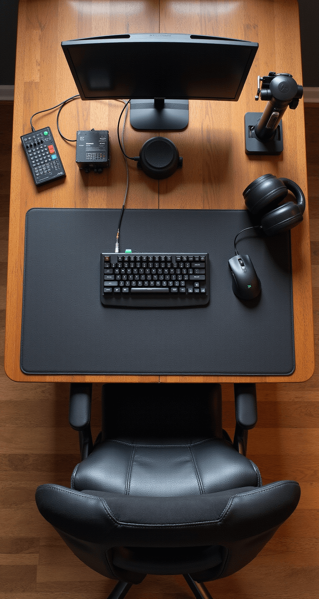 Overhead view of a gaming setup on an adjustable standing desk, featuring a large mousepad, mechanical keyboard, dual monitors, cable management, a stream deck, and a high-end microphone, with warm lighting highlighting the wood grain.