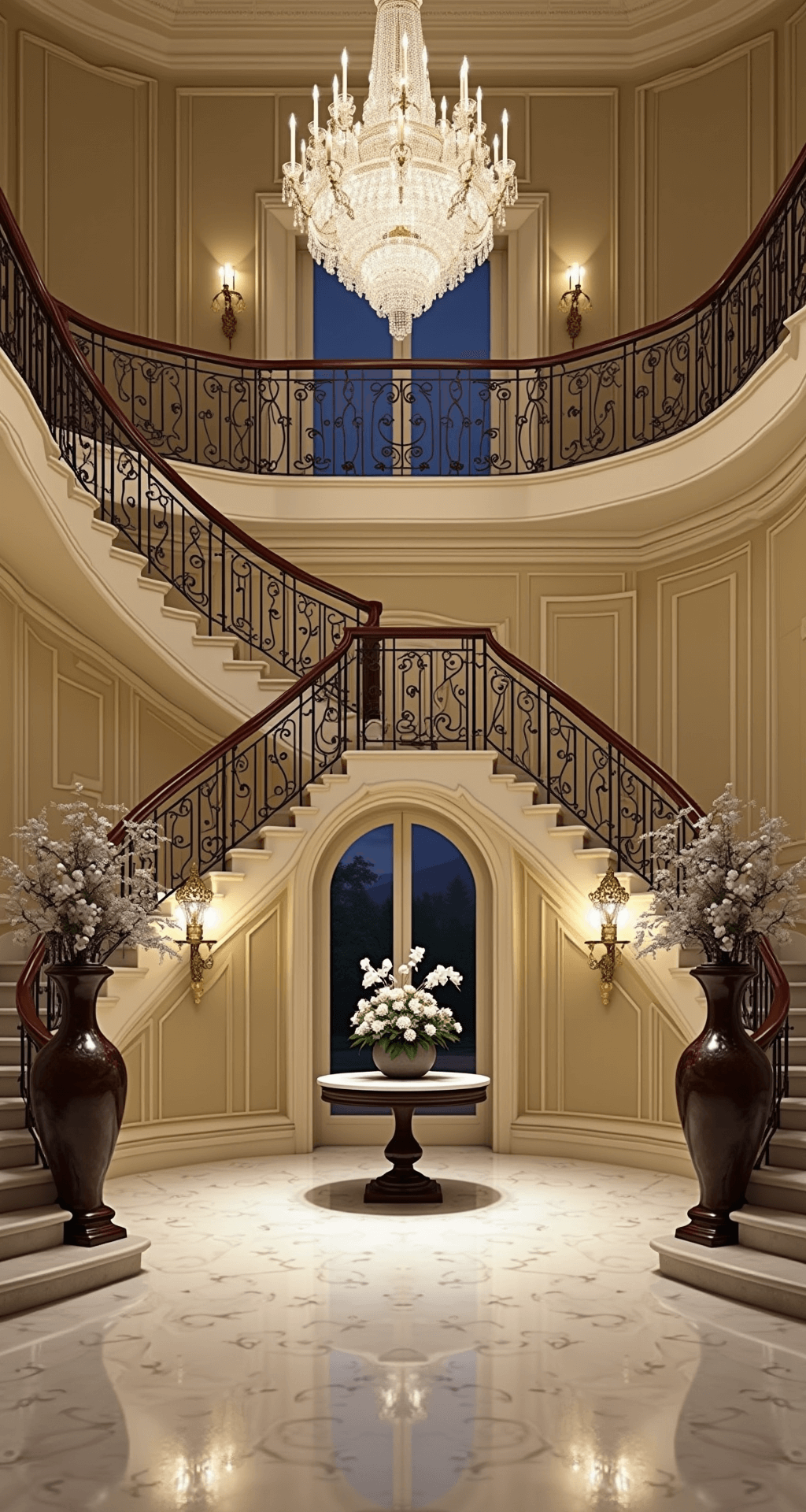A grand foyer of a luxury Bloxburg mansion at dusk, showcasing a sweeping staircase with wrought iron balusters and a mahogany handrail, a massive crystal chandelier illuminating the marble floors, and elegant floral arrangements. The walls feature ornate molding and pale gold wallpaper, with a color palette of cream, gold, and deep wood tones.