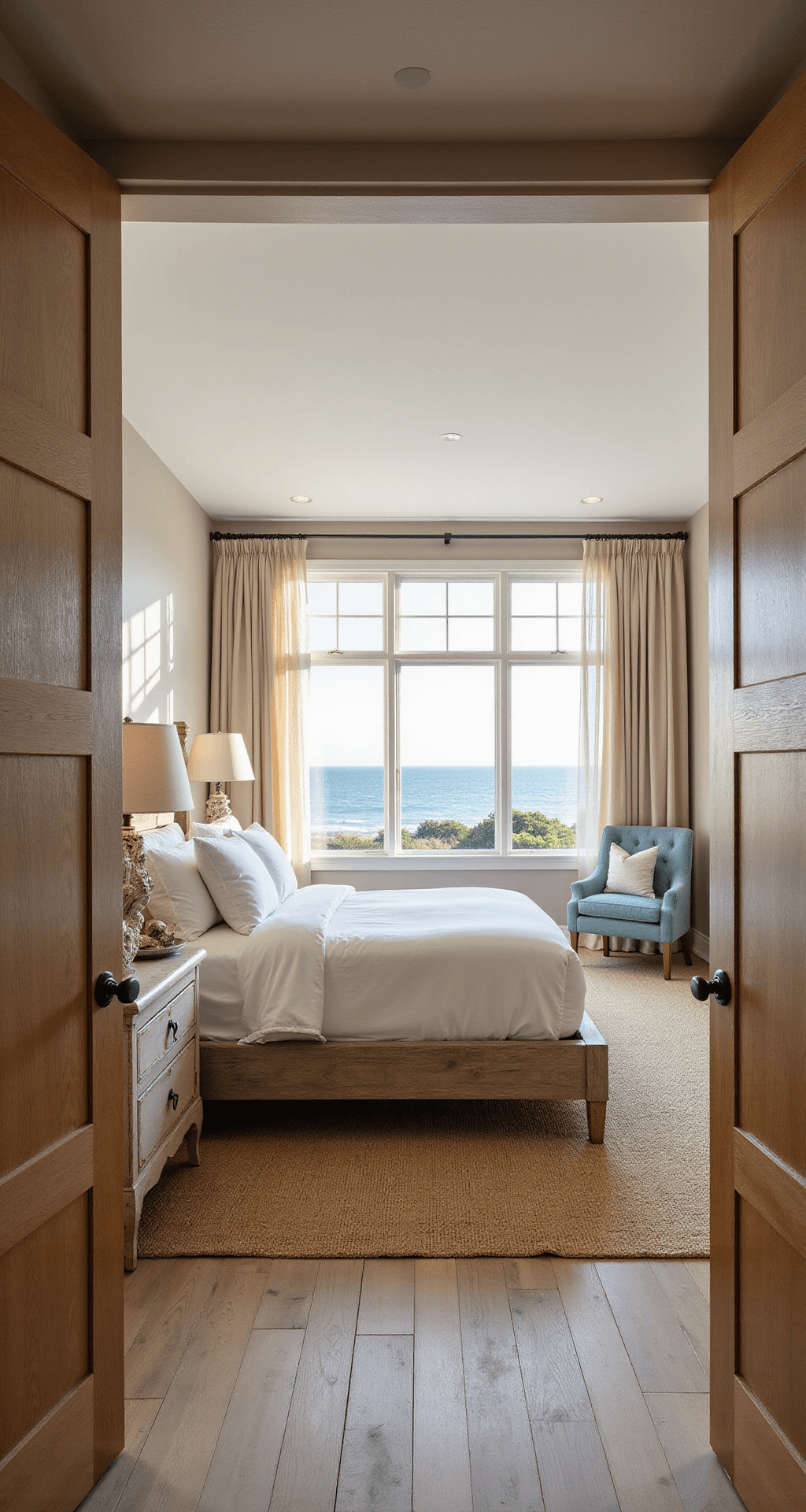 A beach-themed master bedroom suite featuring a king-size bed with white linens, panoramic windows overlooking a virtual ocean, and a cozy reading nook with a blue chaise lounge, all bathed in golden hour light.