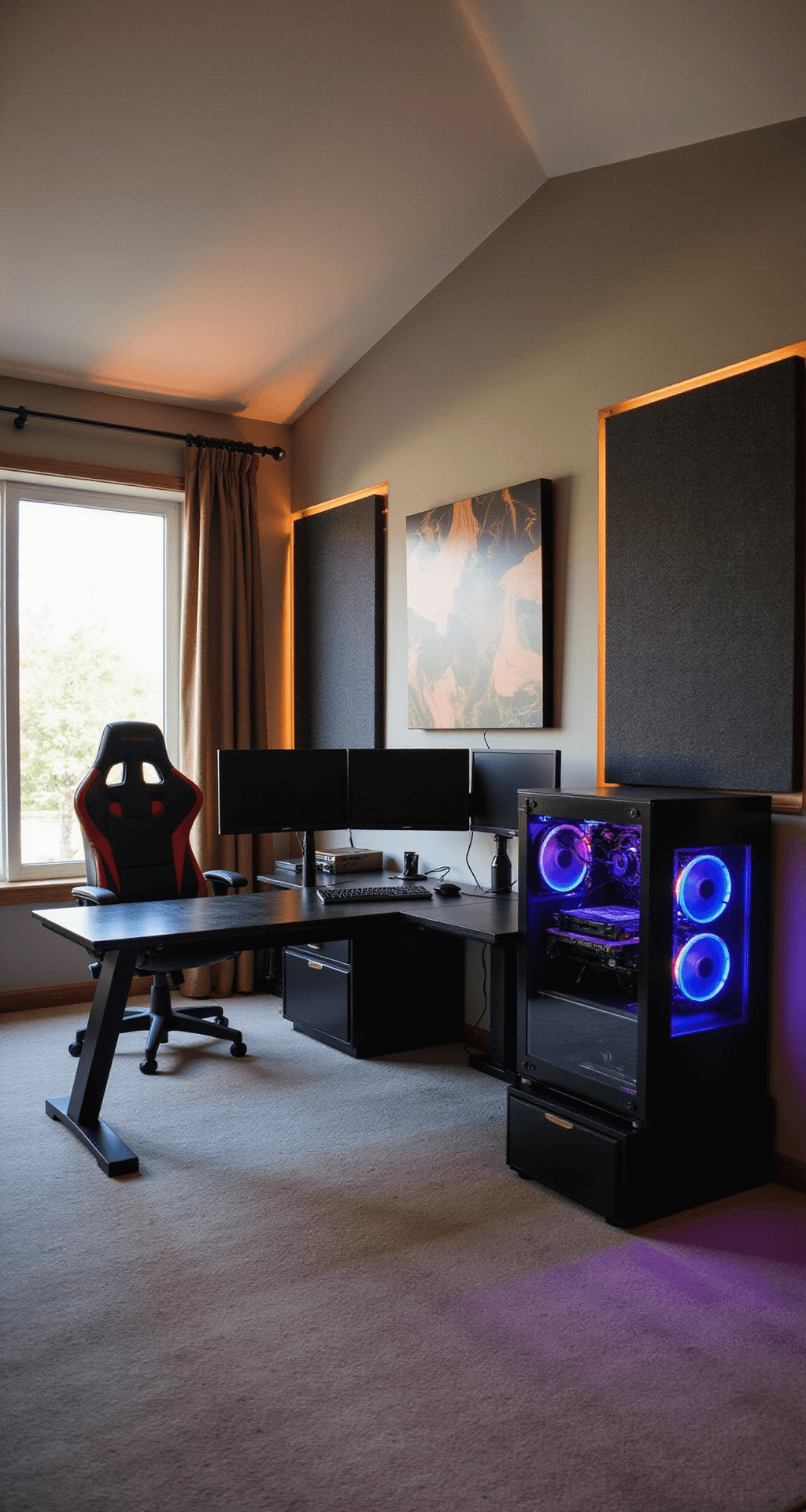 Interior of a spacious room with vaulted ceilings, featuring a black L-shaped desk with a triple-monitor setup, an RGB-lit custom PC, and an ergonomic gaming chair, all illuminated by warm afternoon light streaming through large windows, with geometric acoustic foam panels on the walls.