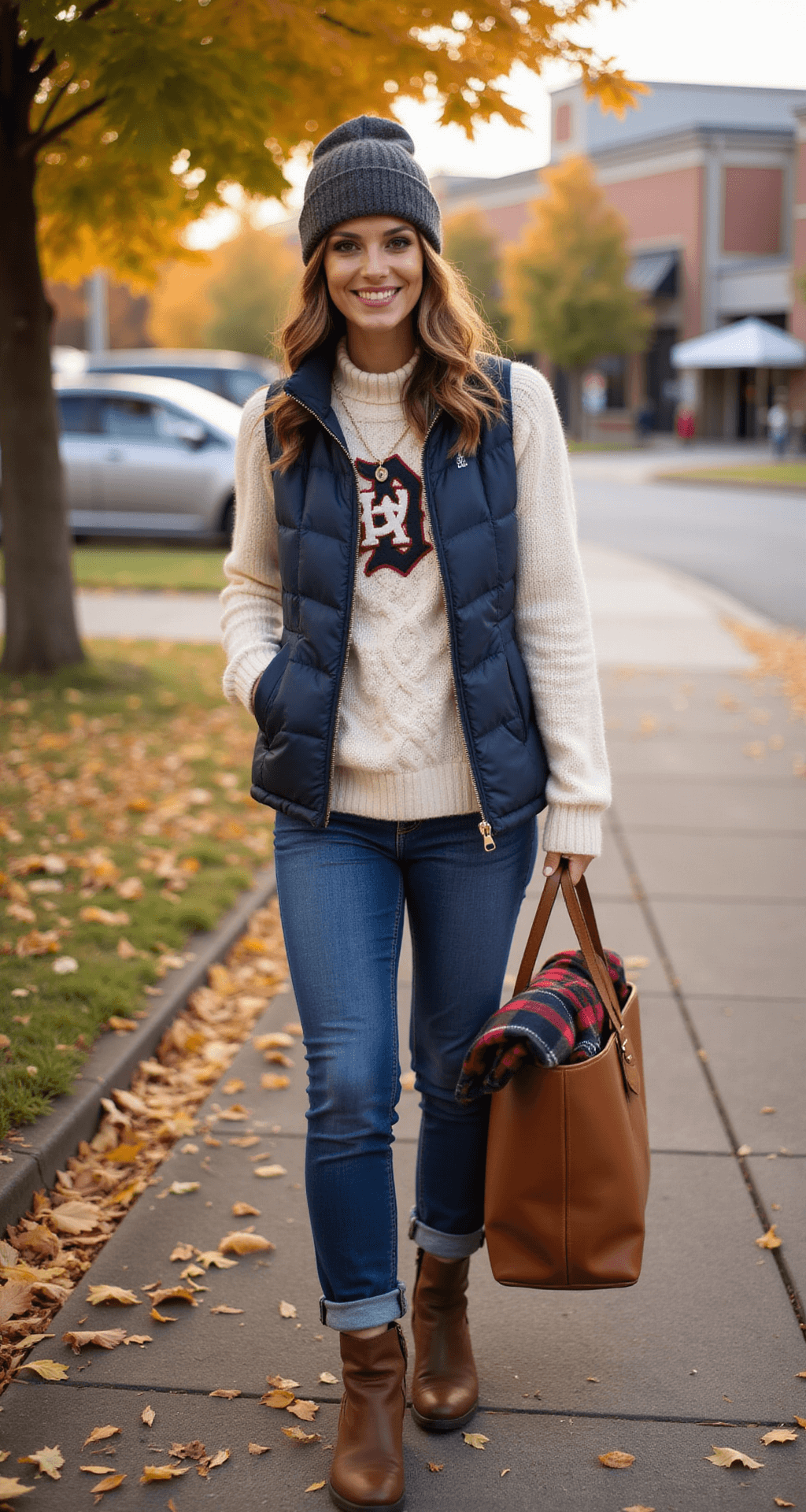 A woman in a cream cable-knit sweater and quilted navy vest stands outside a football stadium, surrounded by fall foliage. She wears vintage wash straight-leg jeans tucked into brown leather ankle boots and carries a leather tote with a plaid blanket and a team-colored beanie. The scene captures a festive autumn tailgating atmosphere with natural daylight filtering through the trees.