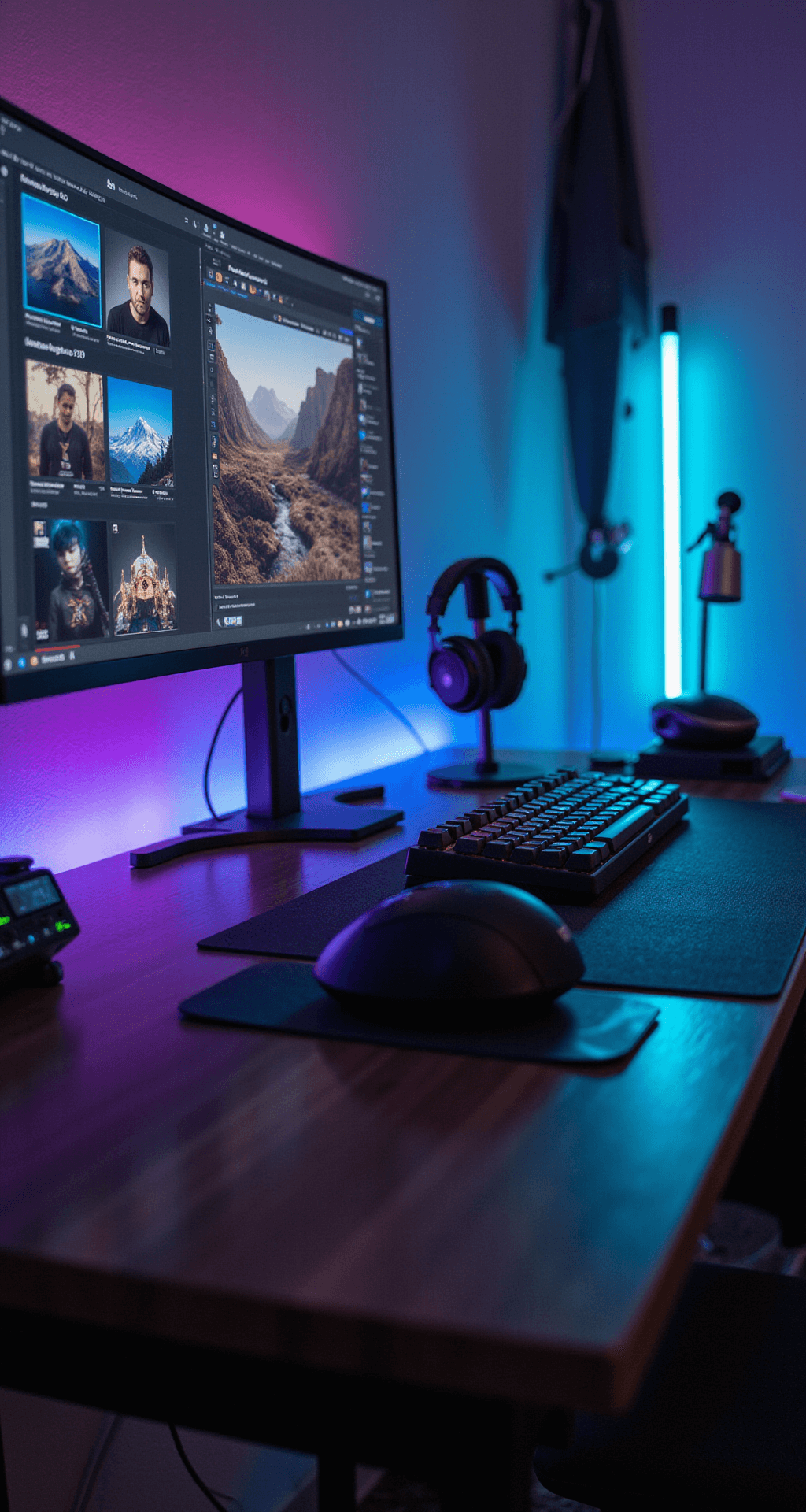 Close-up of a neatly organized gaming battlestation featuring a 34