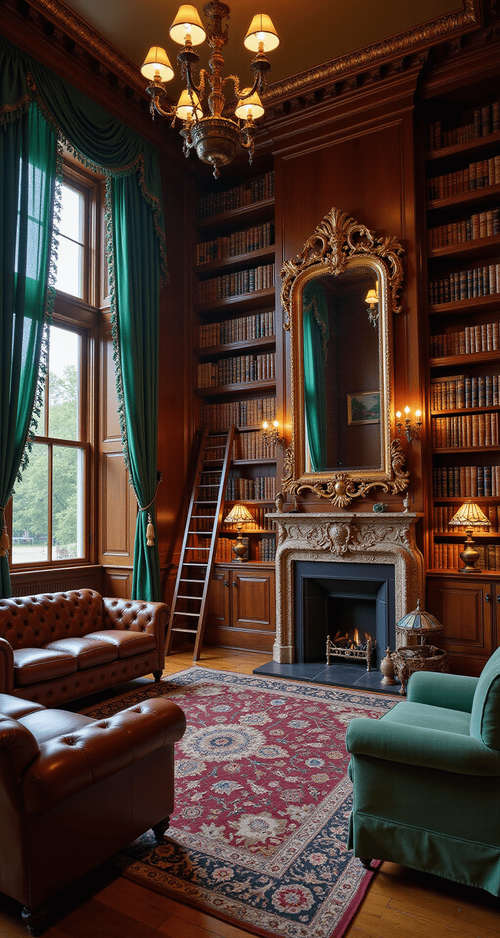 A Victorian-inspired library in a Bloxburg mansion at twilight, featuring floor-to-ceiling walnut bookshelves, a leather Chesterfield sofa, wingback chairs, an ornate Persian rug, a grand fireplace with a carved mantel and gilded mirror, emerald green curtains framing tall windows, a rolling ladder, brass reading lamps, and a Tiffany-style desk lamp, all in deep jewel tones and aged wood.