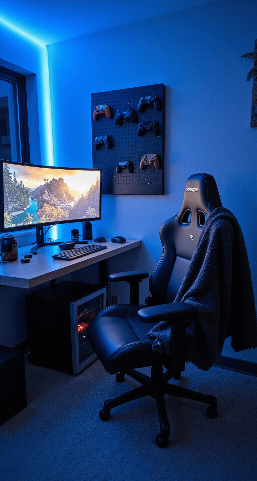 Cozy gaming nook featuring a floating desk with an ultrawide monitor, plush gaming chair with a throw blanket, soft blue LED lighting, and a pegboard wall of collectibles, all viewed from a low angle.