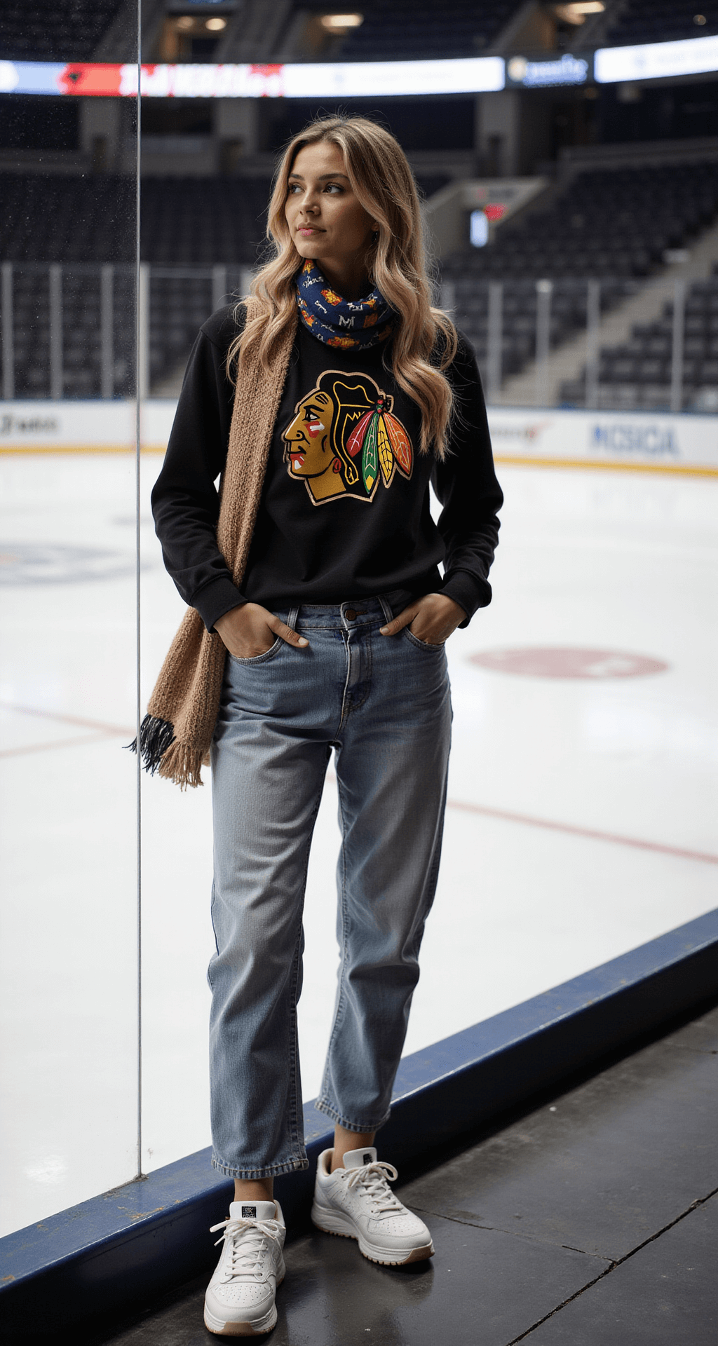 A stylish hockey fan stands in an arena, wearing a black thermal under a vintage team tee, high-waisted light wash mom jeans, and chunky white New Balance sneakers, with a knit scarf in team colors. The glossy ice reflects cool arena lighting, highlighting her outfit textures from a low angle.