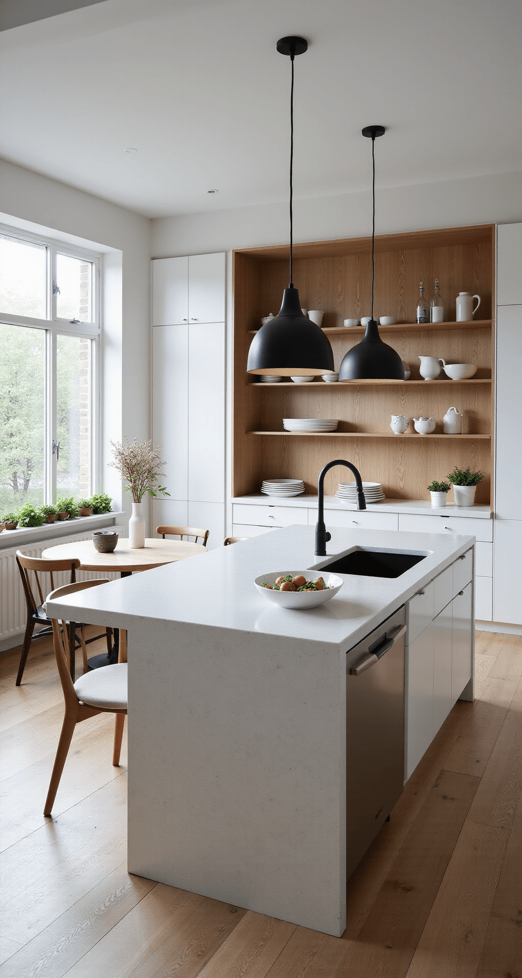 A high-angle view of a Scandinavian-chic kitchen in a Bloxburg mansion, featuring white cabinetry, warm wood accents, a large island with waterfall quartz countertop, matte black pendant lights, open shelving with minimalist ceramics, a breakfast nook with a round table and wishbone chairs, potted herbs on the windowsill, and wide-plank light oak flooring, all bathed in morning light.