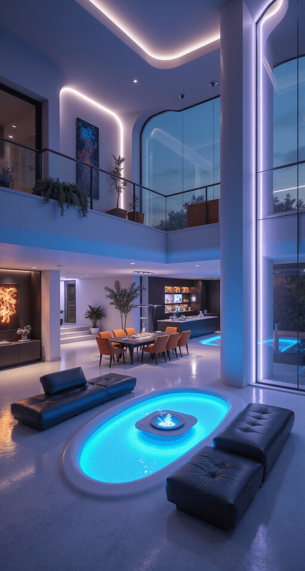 A wide-angle view from a mezzanine office captures a futuristic penthouse living area in a Bloxburg mansion at night, showcasing curved walls with programmable LED lighting, a sunken conversation pit with modular seating facing a holographic fireplace, and a sleek kitchen with smart appliances. The glossy epoxy floors reflect the cool gray and white color scheme, accented by neon blue and purple ambient lighting. Floating shelves display abstract sculptures and digital art, while a transparent staircase elegantly connects the spaces.