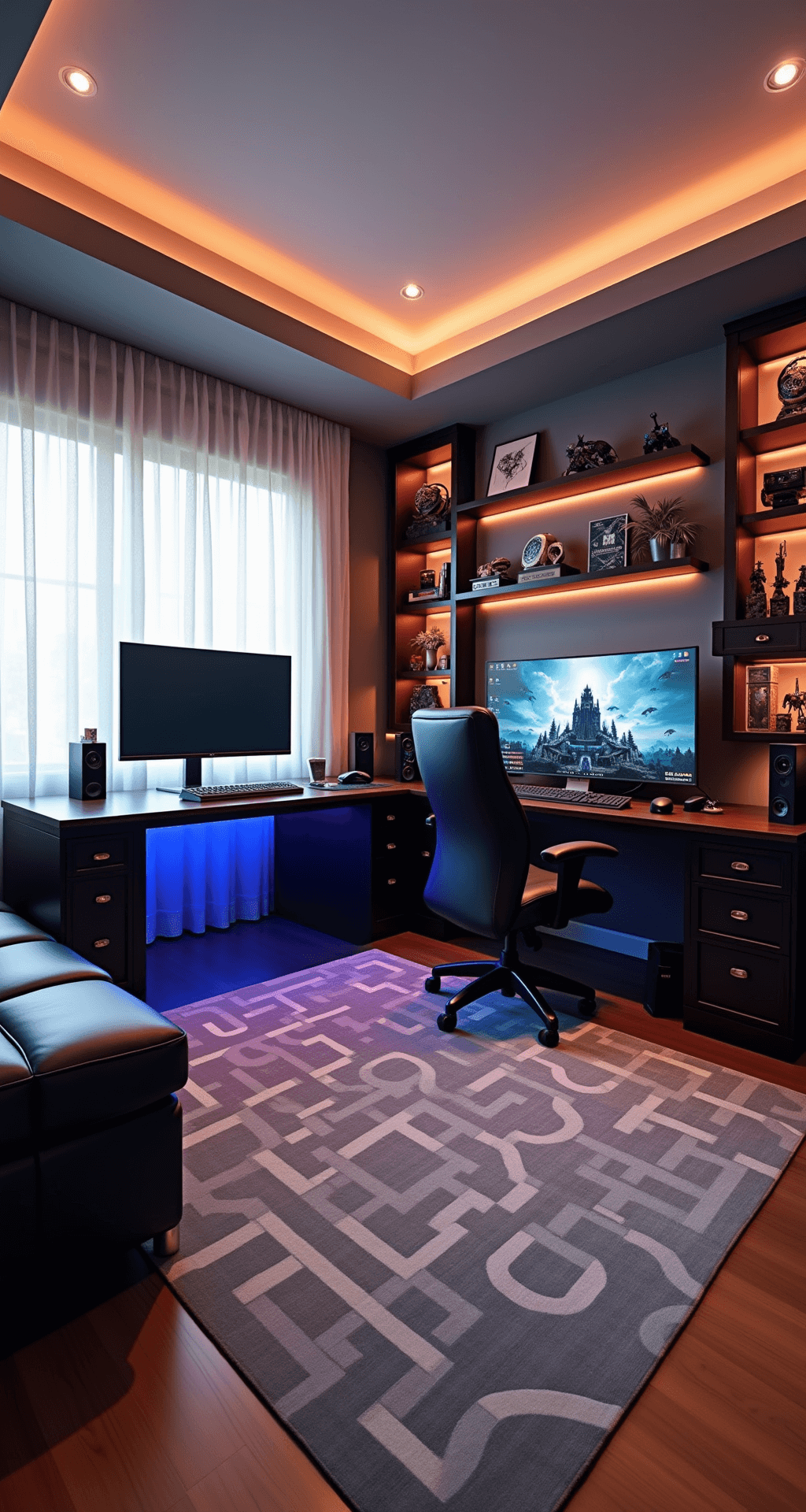 Expansive gaming room with wraparound desk featuring dual PC setups for gaming and streaming, secondary lounge area with a large TV and sectional sofa, backlit shelving displaying gaming memorabilia, recessed LED lights, hardwood floors, and geometric area rug, captured in early morning light.
