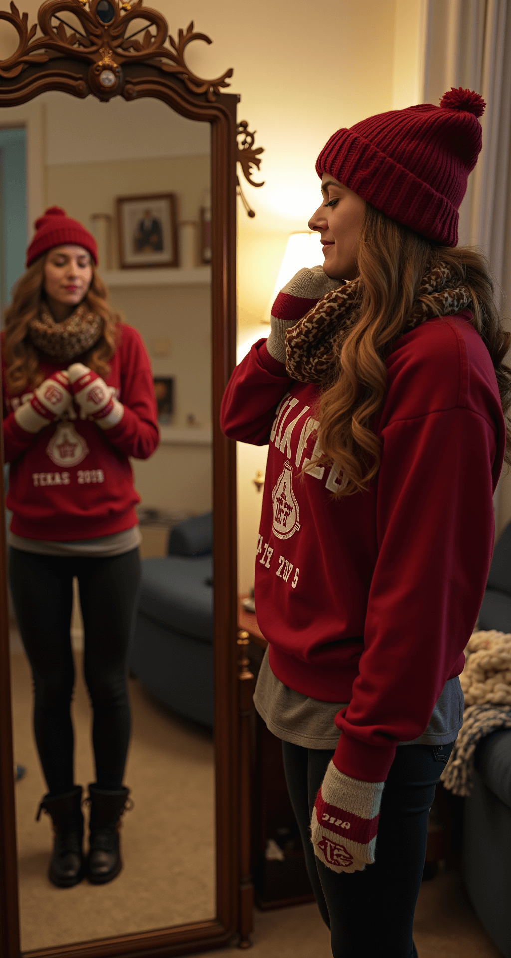 The Ultimate Game Day Outfit A woman prepares for a winter game day, layering a thermal base under a vintage team sweatshirt, fleece-lined leggings, and a chunky knit beanie in team colors. She accessorizes with a coordinated scarf and mittens while admiring her outfit in a full-length mirror, surrounded by a cozy, warmly lit home interior.