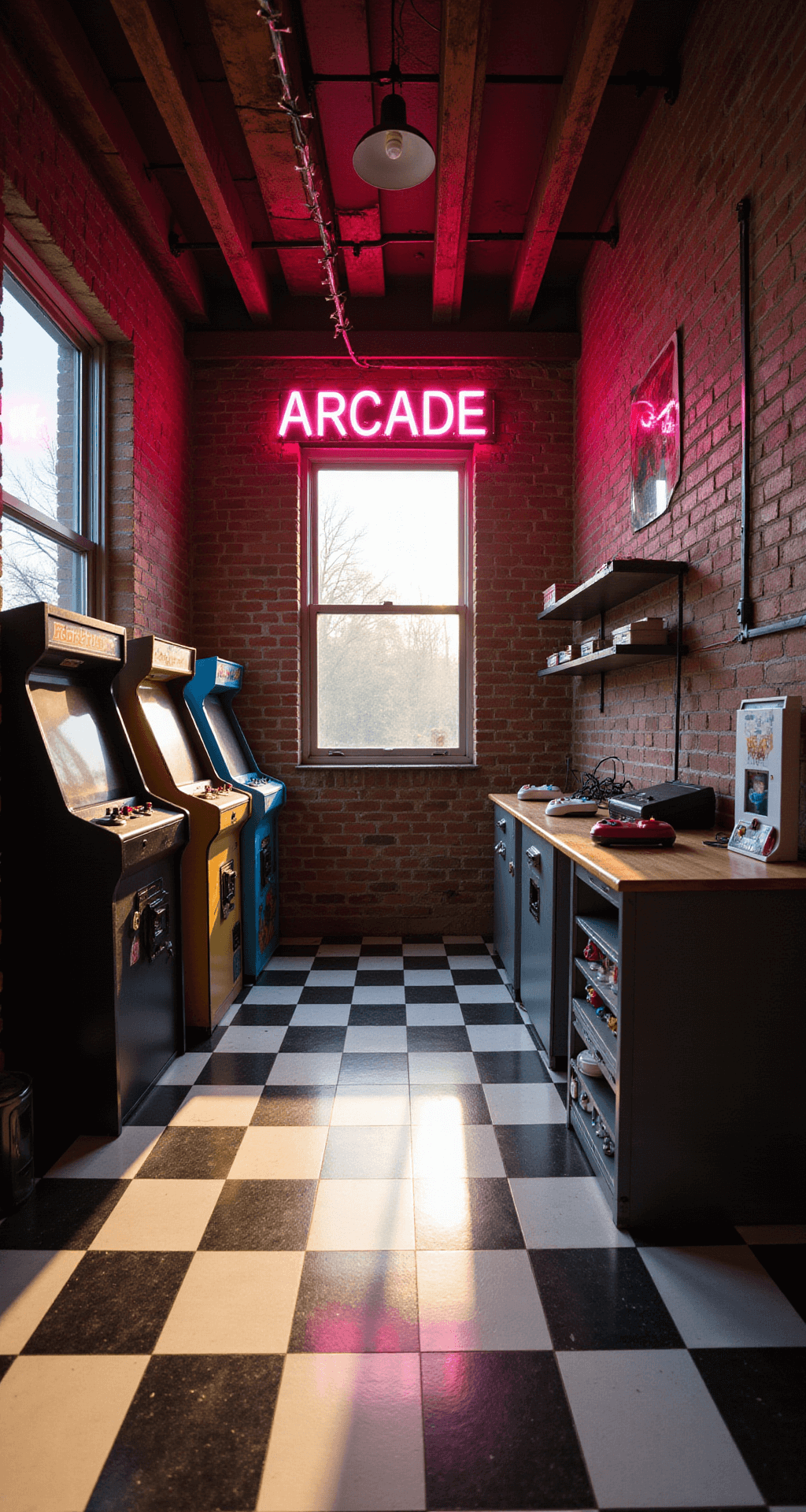 Wide-angle shot of a retro arcade gaming room with exposed brick walls, featuring classic arcade cabinets, a vintage neon 'ARCADE' sign, and a custom gaming desk, all illuminated by golden hour sunlight.