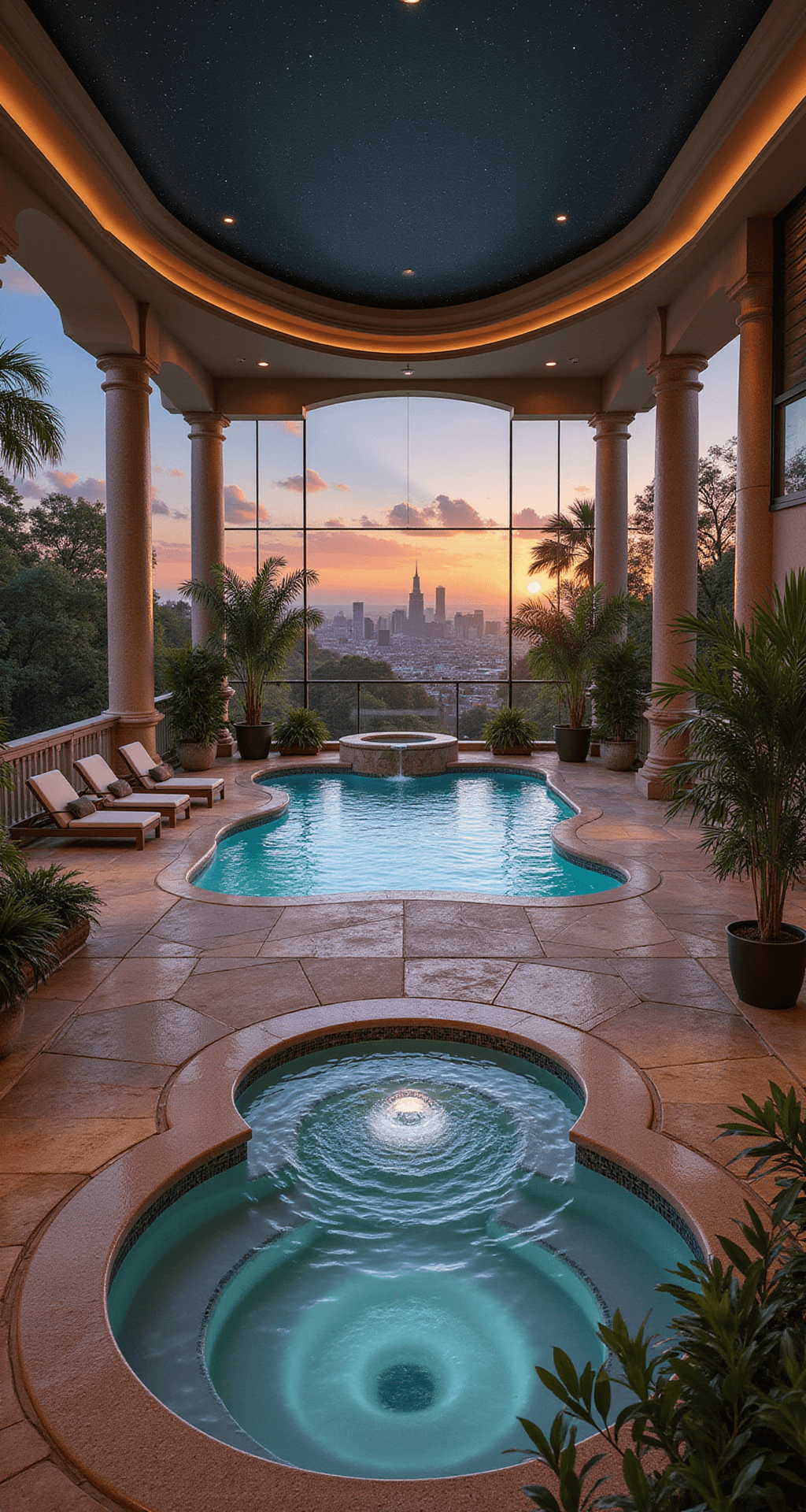 Luxurious indoor pool and spa area in a Bloxburg mansion at sunset, featuring a free-form pool with a cascading waterfall, swim-up bar, floor-to-ceiling windows with city views, plush loungers, hot tub surrounded by tropical plants, fiber-optic star ceiling, and a warm earth tone tile floor with blue and green mosaic accents.