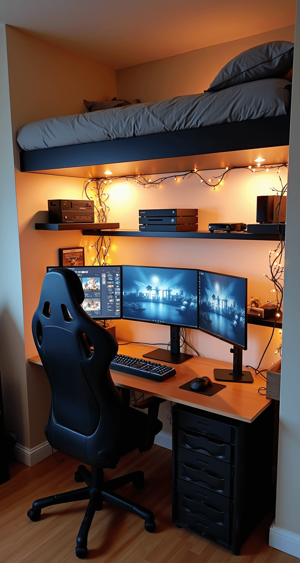 A compact gaming corner featuring a loft-style bed above and a gaming setup below, with wall-mounted monitors on adjustable arms and floating shelves for consoles and games, all illuminated by climbing vine LED lights; a clean and organized space showcasing excellent cable management.