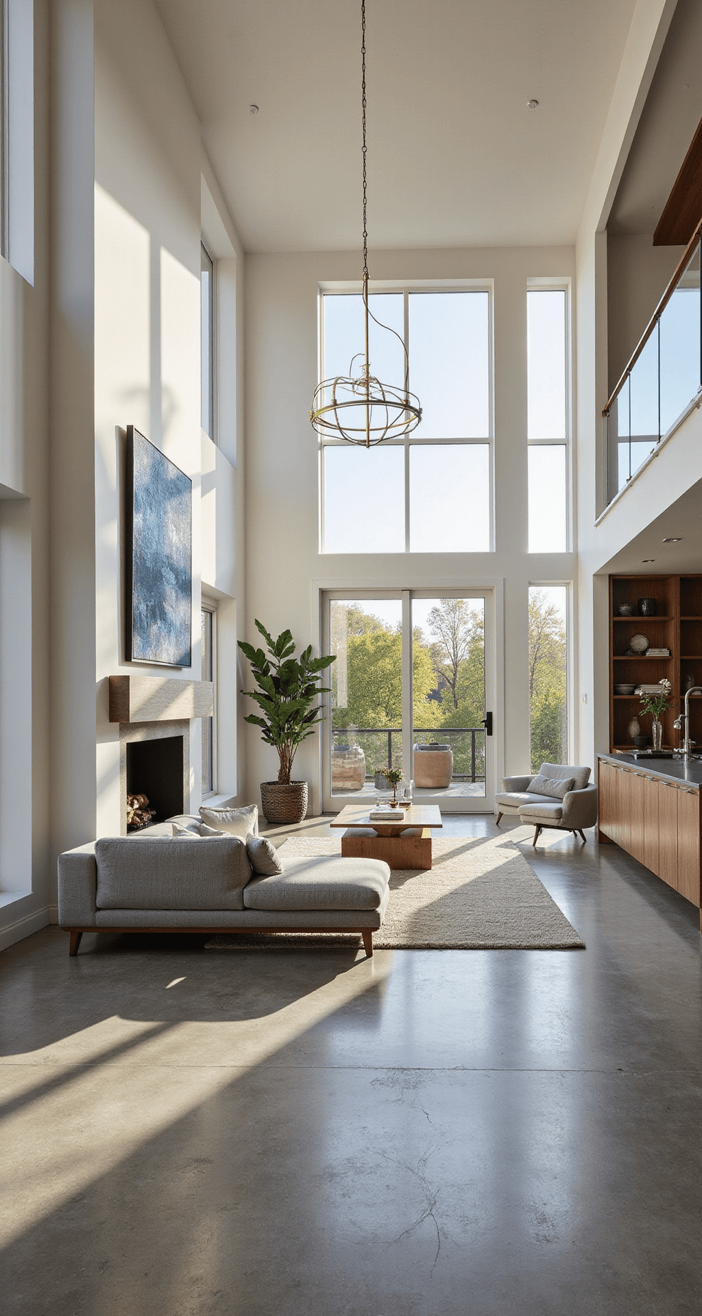 Bloxburg House Ideas: Modern Style A spacious open-concept living area with polished concrete floors, white walls, and a floating glass-railed staircase, featuring a grey sectional, minimalist fireplace, walnut shelving, geometric brass chandelier, abstract canvas, and a fiddle leaf fig, all illuminated by late afternoon sunlight.