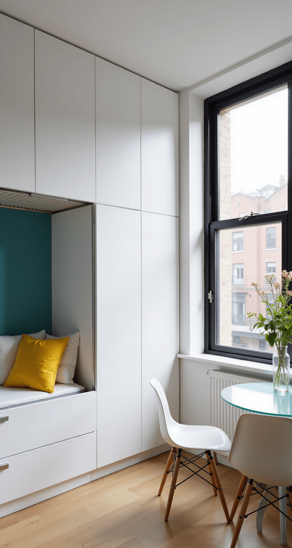 Bloxburg House Ideas: Modern Style A compact 15x20ft studio apartment with white walls and light oak flooring, featuring a Murphy bed, a small dining nook with a round glass table, a kitchenette with stainless steel appliances, and vibrant accents of teal and yellow, all illuminated by morning light.