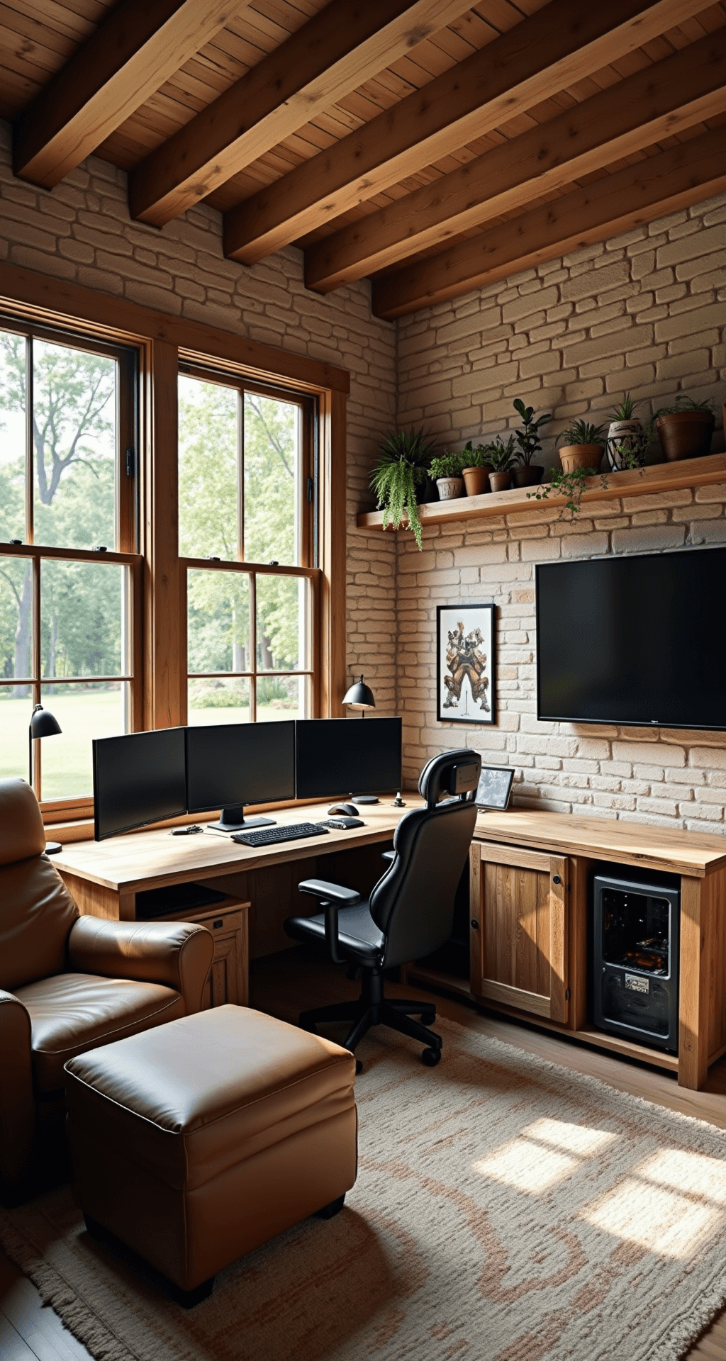 A rustic-modern gaming den featuring exposed wooden beams, a brick accent wall, a reclaimed wood desk with an ultrawide curved monitor, floating shelves with plants and collectibles, a custom wooden gaming PC case, a leather armchair with an ottoman, and warm indirect lighting.