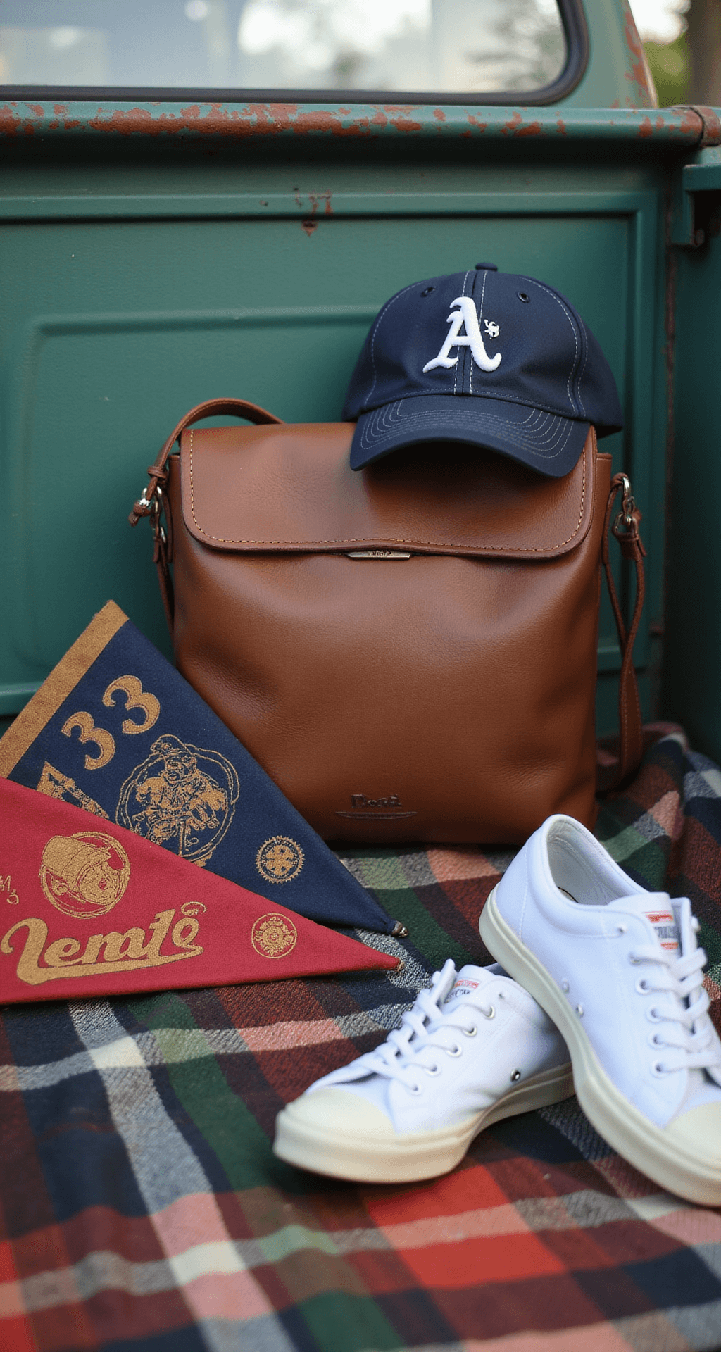 Close-up of a vintage pickup truck tailgate setup featuring a plaid blanket adorned with a worn leather crossbody bag, a distressed team baseball cap, a stack of vintage team pennants, and classic white sneakers, all highlighted by natural overhead lighting and a shallow depth of field that showcases the textures.