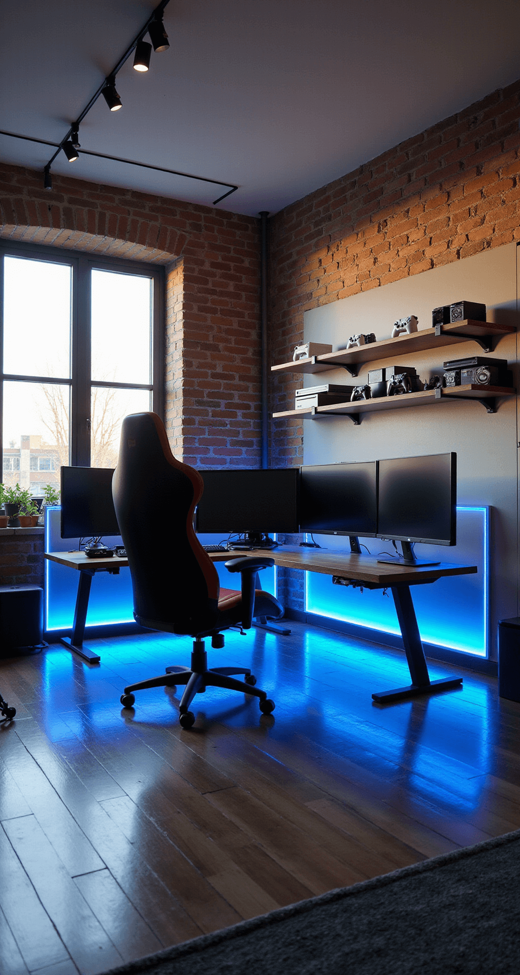 A modern gaming room featuring exposed brick walls, large windows letting in sunlight, an L-shaped desk with a curved ultrawide monitor and two vertical screens, RGB lighting, a high-back gaming chair, and neatly arranged gaming consoles on a floating shelf.