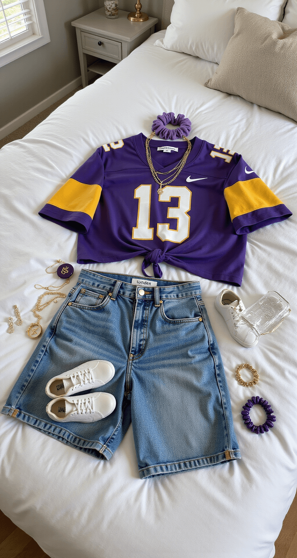 The Ultimate LSU Game Day Style Interior of a modern bedroom featuring a flat lay of a casual gameday outfit on a white comforter, including vintage-wash high-waisted denim shorts, a knotted LSU jersey, white leather sneakers, delicate gold jewelry, a purple scrunchie, and a clear stadium bag, all illuminated by morning light.
