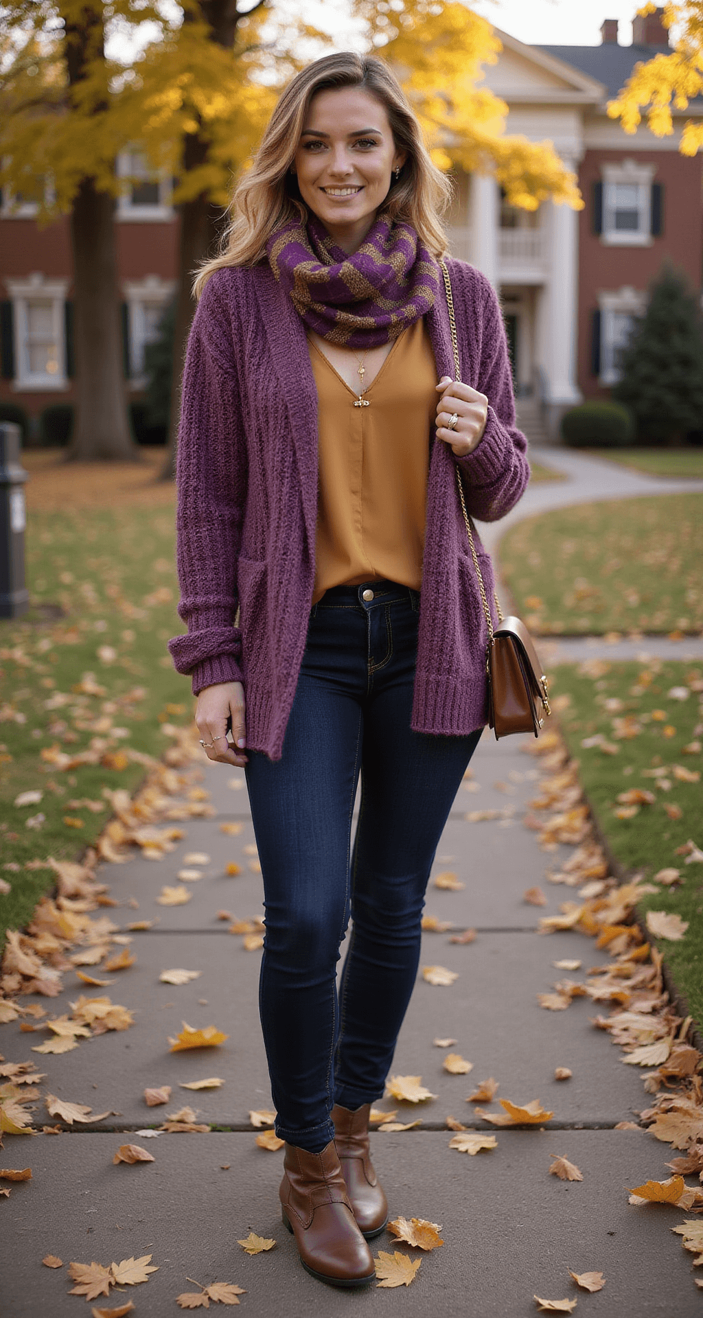 The Ultimate LSU Game Day Style A model outside a sorority house on a late autumn afternoon, wearing a chunky knit purple cardigan over a gold silk camisole, dark wash skinny jeans, and brown leather boots, with a purple and gold plaid scarf draped around her shoulders, styled with minimal gold jewelry and a leather crossbody bag, captured during magic hour with warm backlighting and scattered golden leaves on the ground.