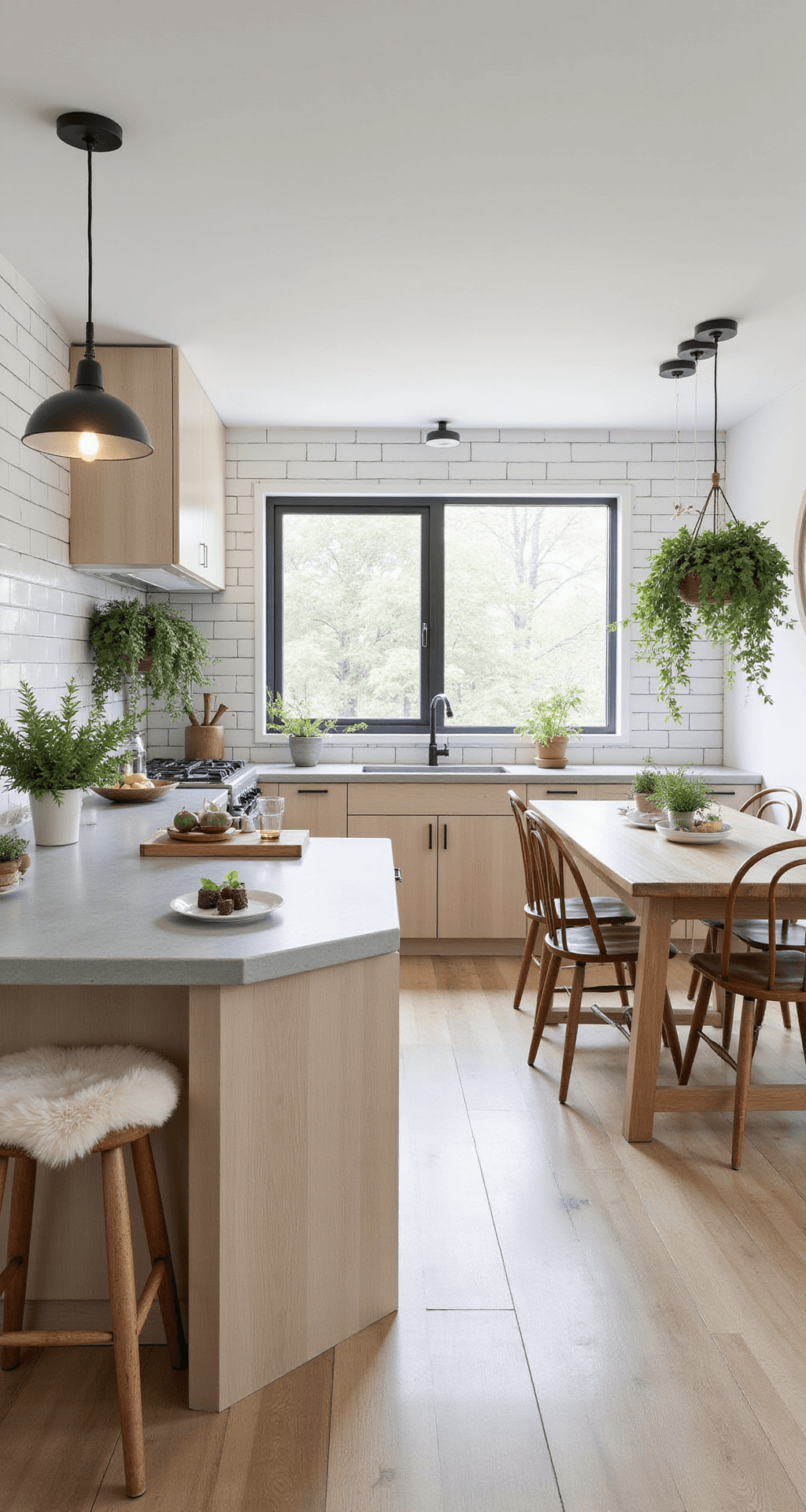 Bloxburg House Ideas: Modern Style Bright Scandinavian-inspired kitchen and dining area with white subway tiles, pale ash wood cabinets, concrete countertops, a large island with bar seating, a long wooden dining table with wishbone chairs, pendant lights, and greenery from potted herbs and a vertical garden wall.