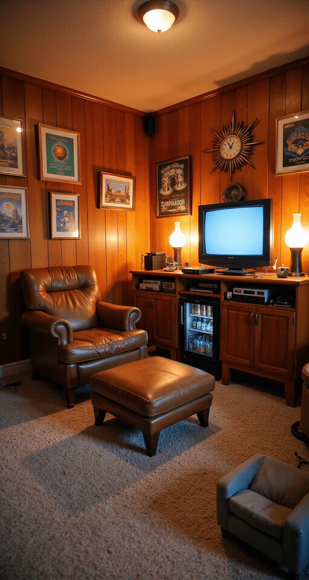A cozy 10x10 ft room inspired by retro gaming, featuring wood-paneled walls, shag carpet, a vintage CRT TV on a mid-century credenza, classic game consoles, a leather armchair, lava lamps, and walls adorned with pixel art and game posters.